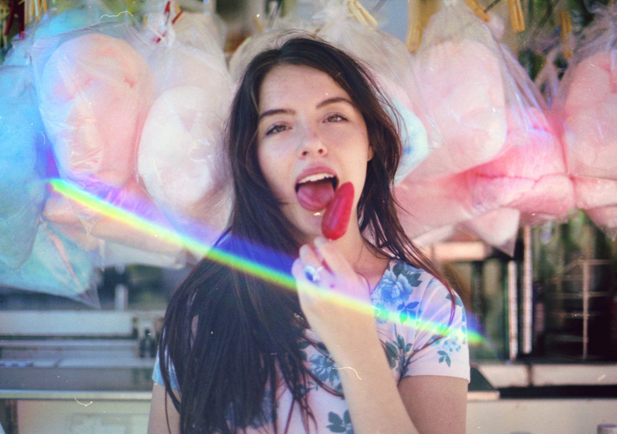 People 2048x1440 women dark hair black hair popsicle women outdoors long hair looking at viewer open mouth cotton candy