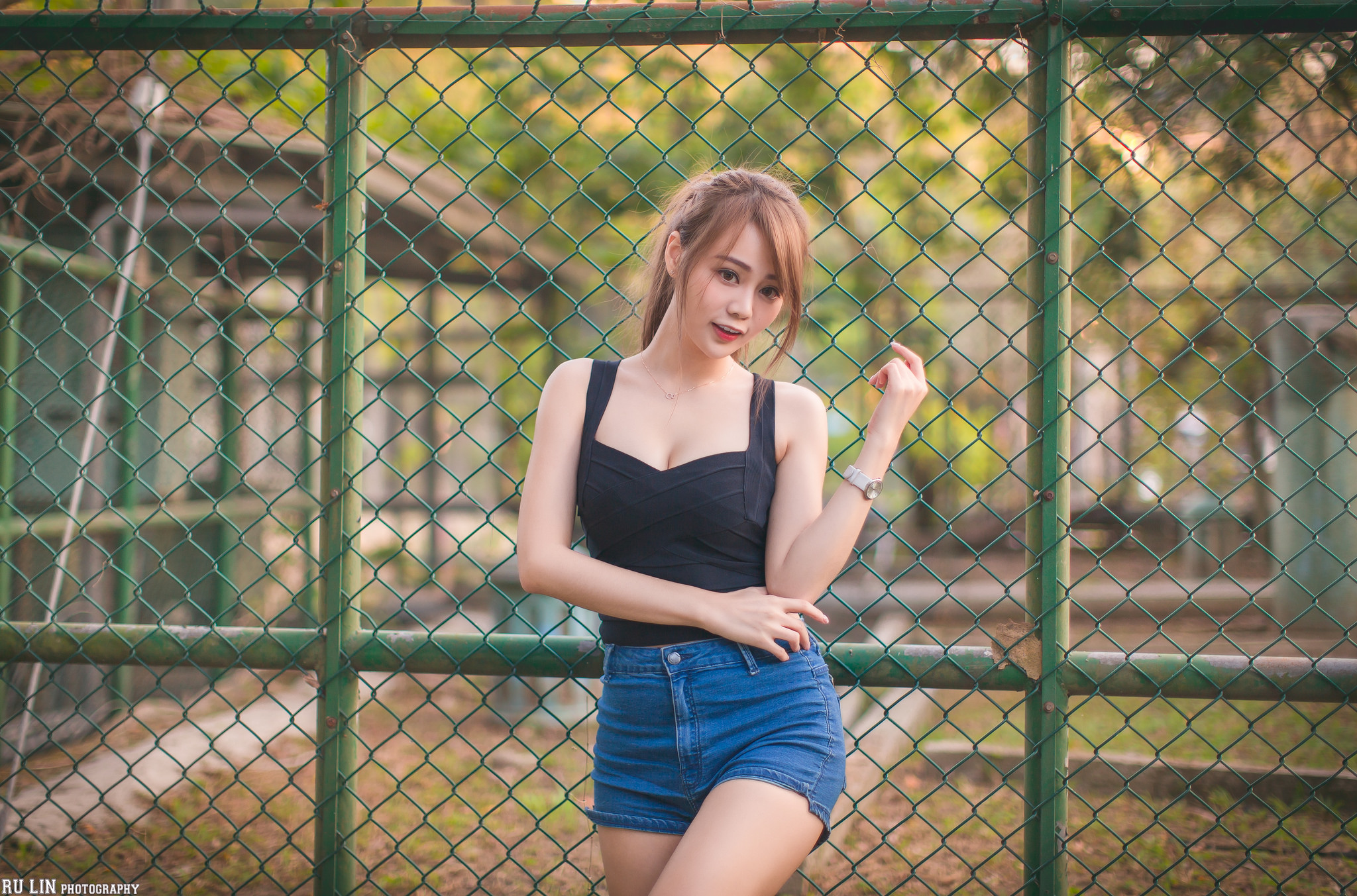 People 2048x1353 women model brunette Asian looking at viewer portrait outdoors ponytail black top jean shorts watch depth of field necklace women outdoors Sun Hui Tong