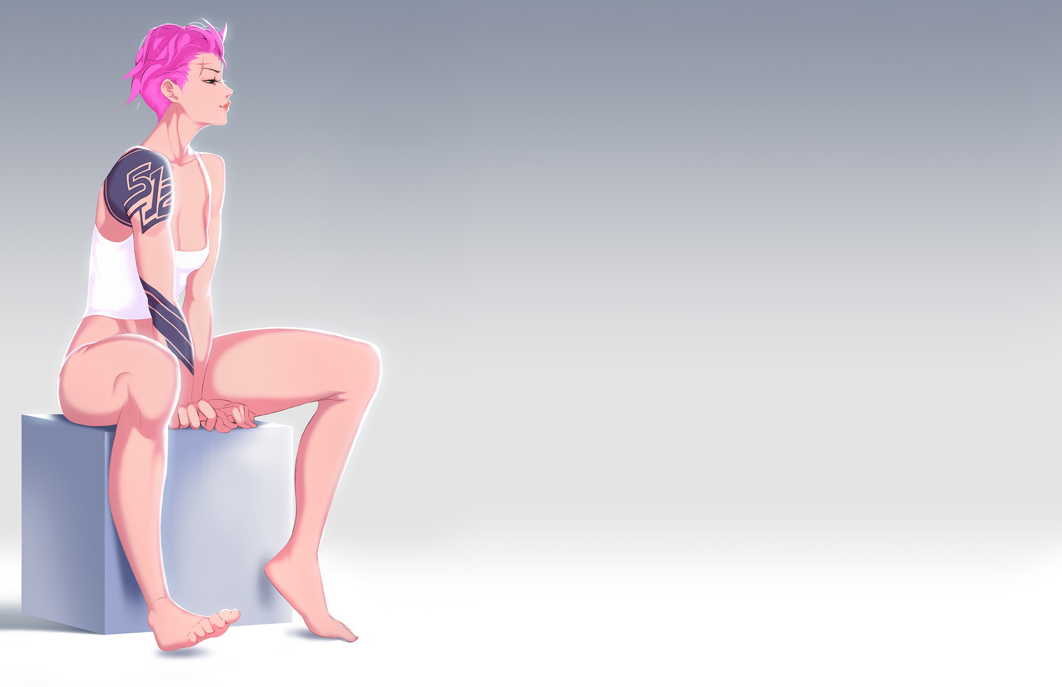 General 2186x1415 artwork women sitting barefoot Overwatch Zarya (Overwatch) pink hair digital art video games simple background