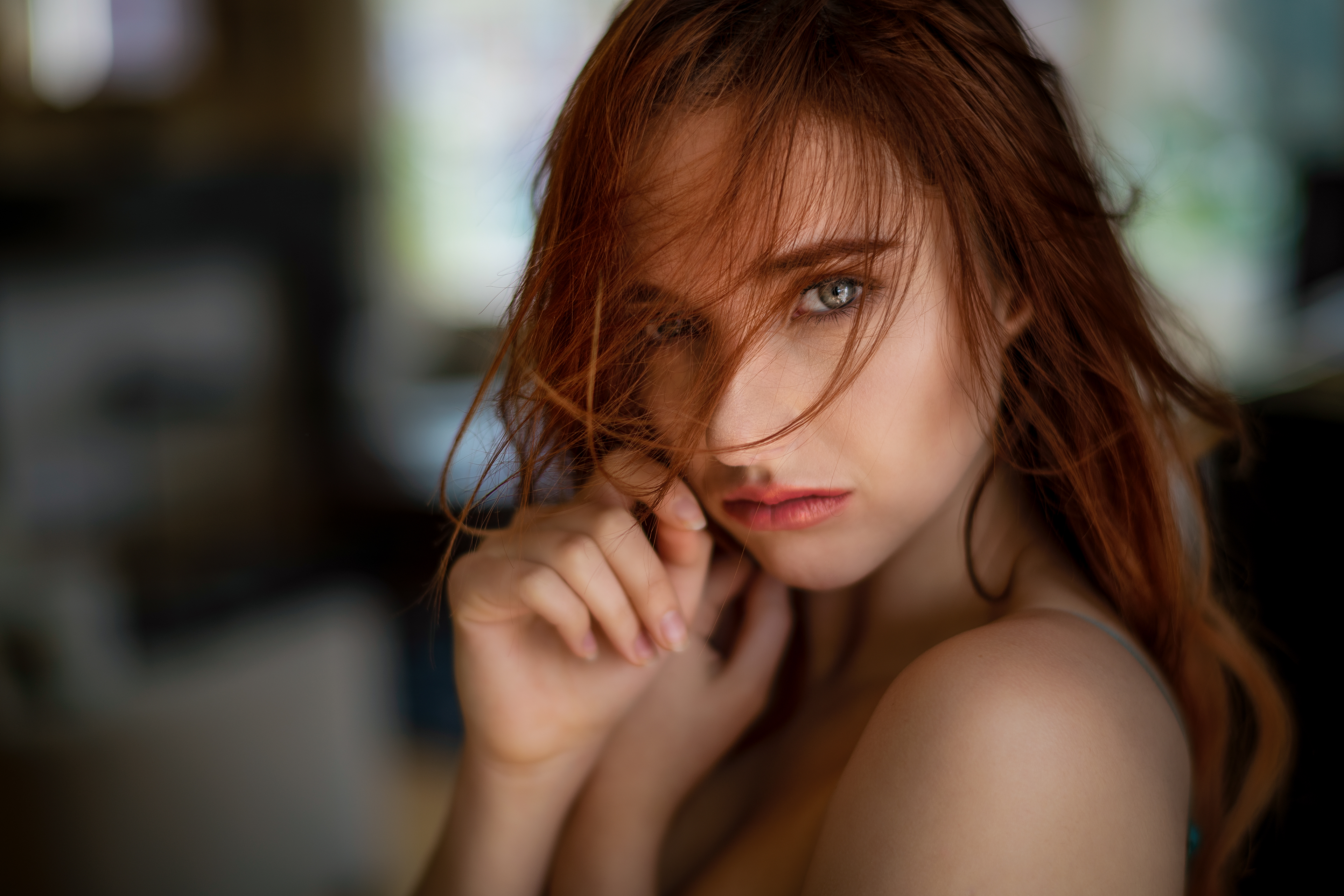 People 3840x2560 Sophia Blake women model brunette long hair looking at viewer hair in face face portrait touching face bokeh bare shoulders lipstick indoors women indoors Christopher Leone