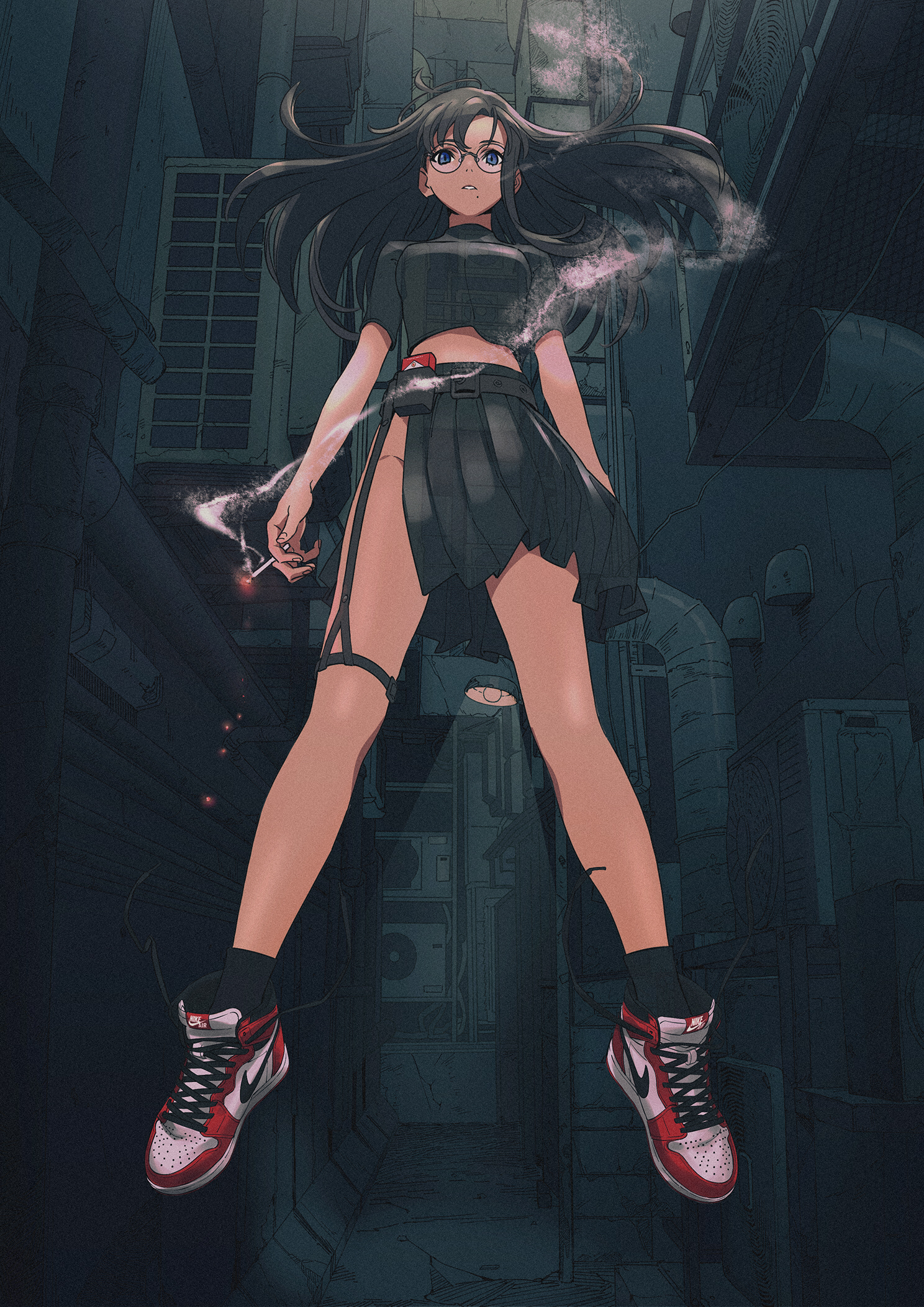 Anime 1488x2105 portrait display 2D anime anime girls digital art artwork miniskirt spread legs smoking black hair blue eyes glasses alleyway Tarou2