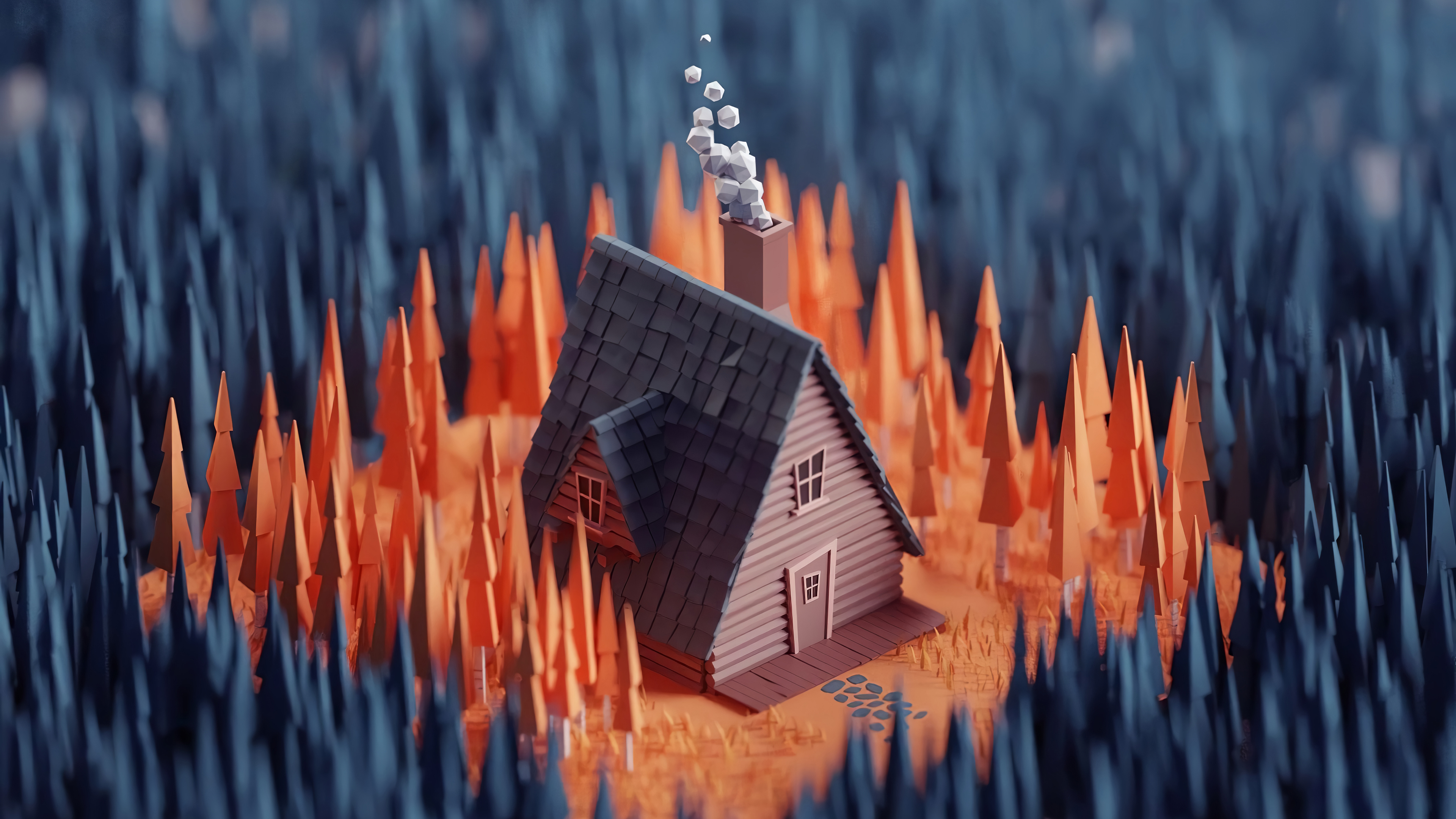 General 3840x2160 digital art artwork low poly nature house hut forest trees pine trees architecture Architecture models cabin isometric CGI chimneys smoke orange