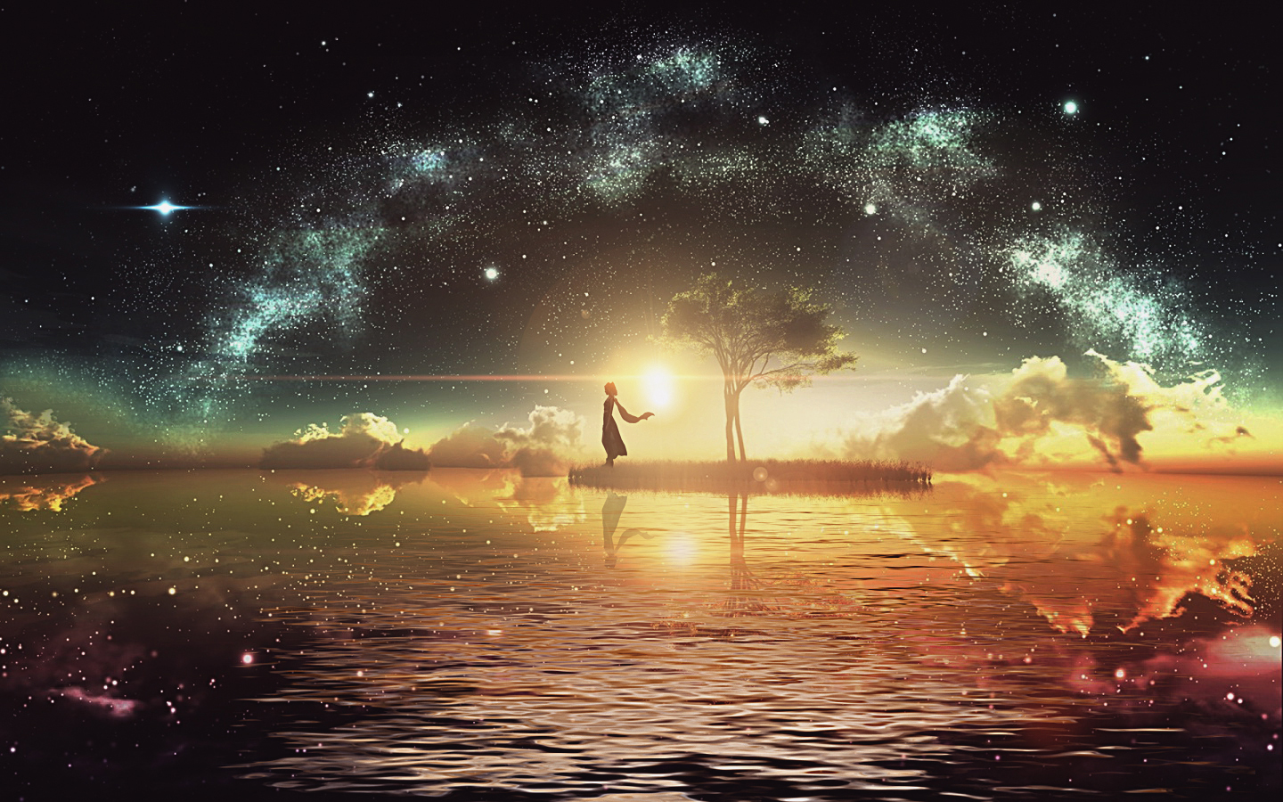 galaxy, stars, universe, island, water, night | 1440x900 Wallpaper ...