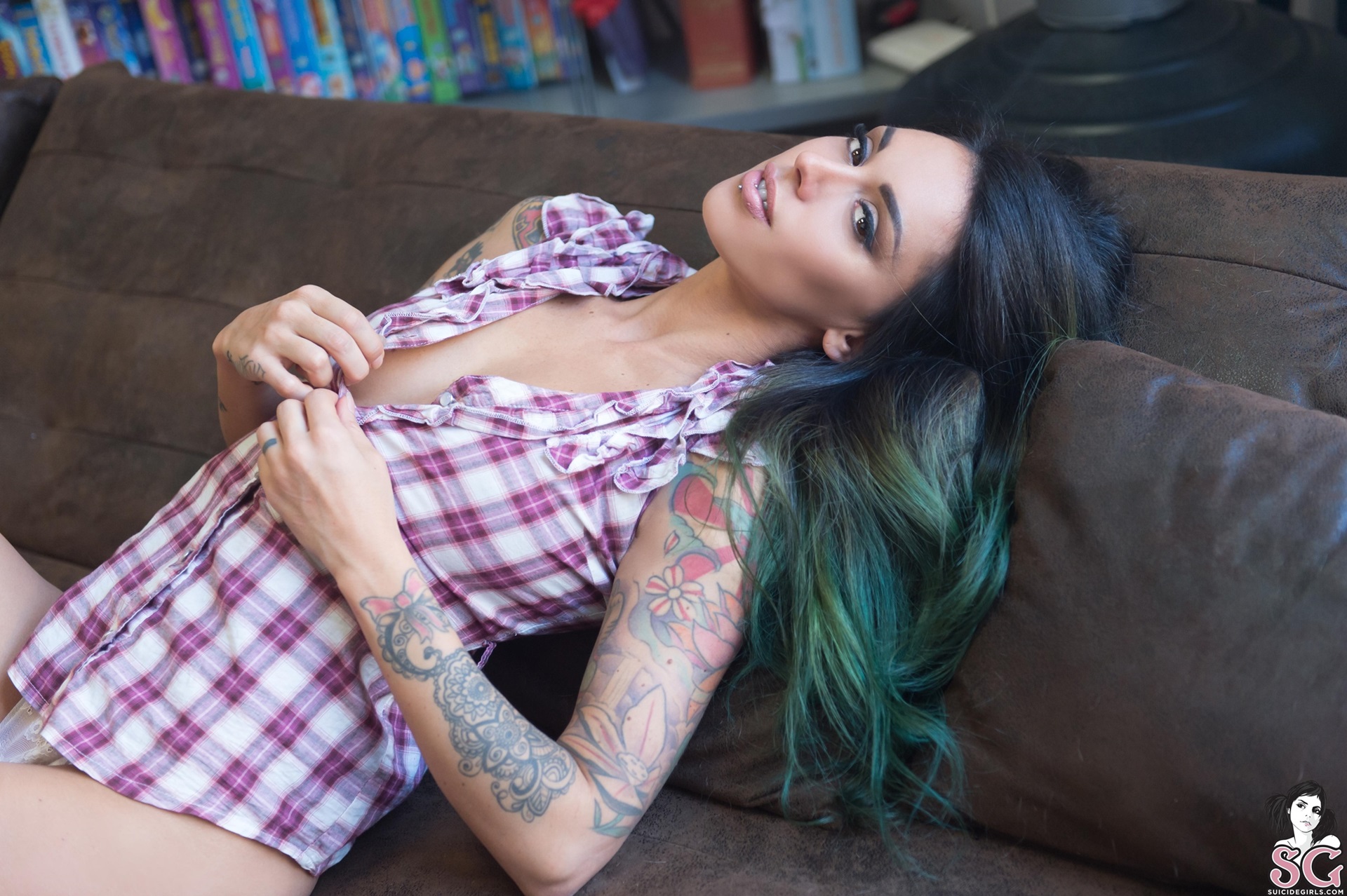 People 1920x1278 Yegola women indoors Suicide Girls inked girls women model tattoo brunette shirt lying on back dyed hair looking at viewer brown eyes couch piercing