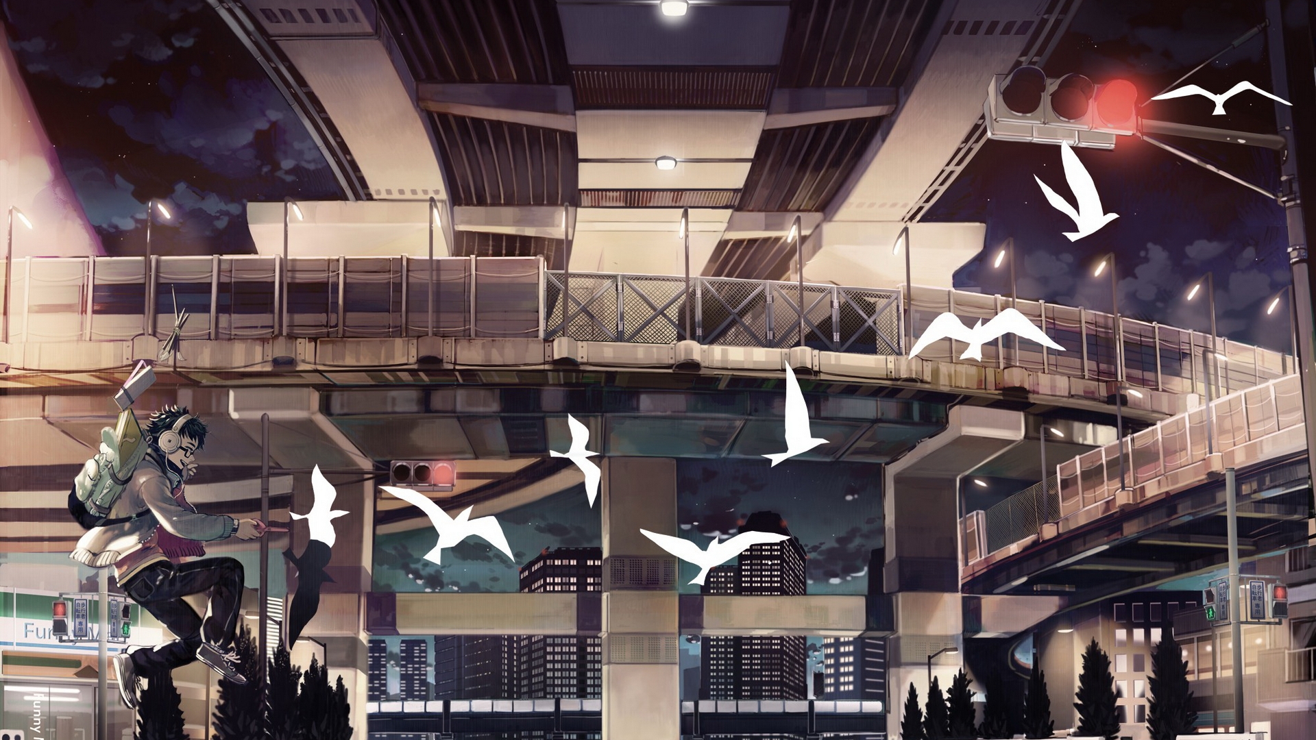 General 1920x1080 anime urban anime boys birds traffic lights cityscape city