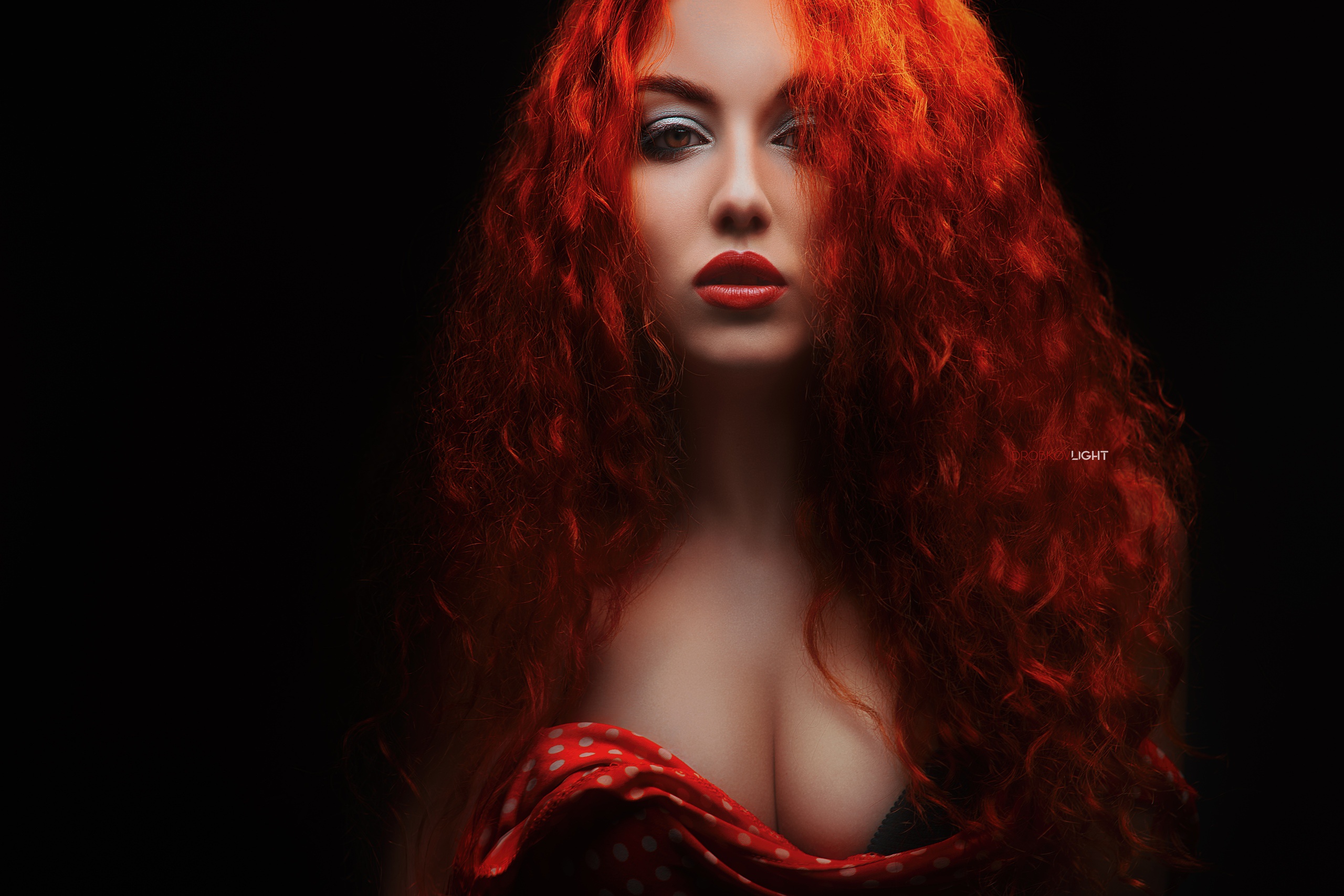 People 2560x1707 Alexander Drobkov women model redhead long hair simple background black background makeup red lipstick