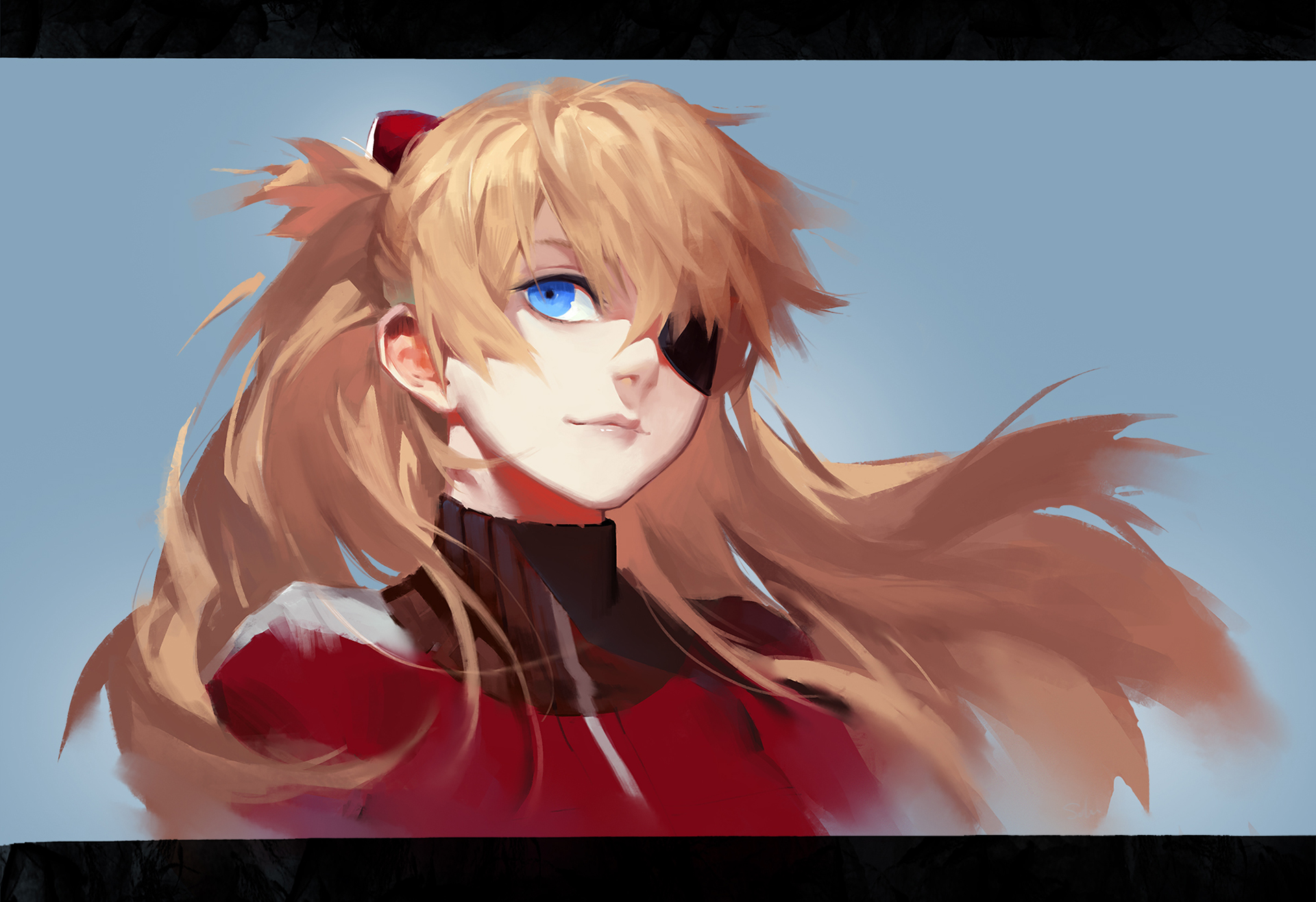 Anime 1920x1316 anime girls Asuka Langley Soryu Neon Genesis Evangelion 2D redhead smiling twintails blue eyes clear sky red jackets fan art eyepatches