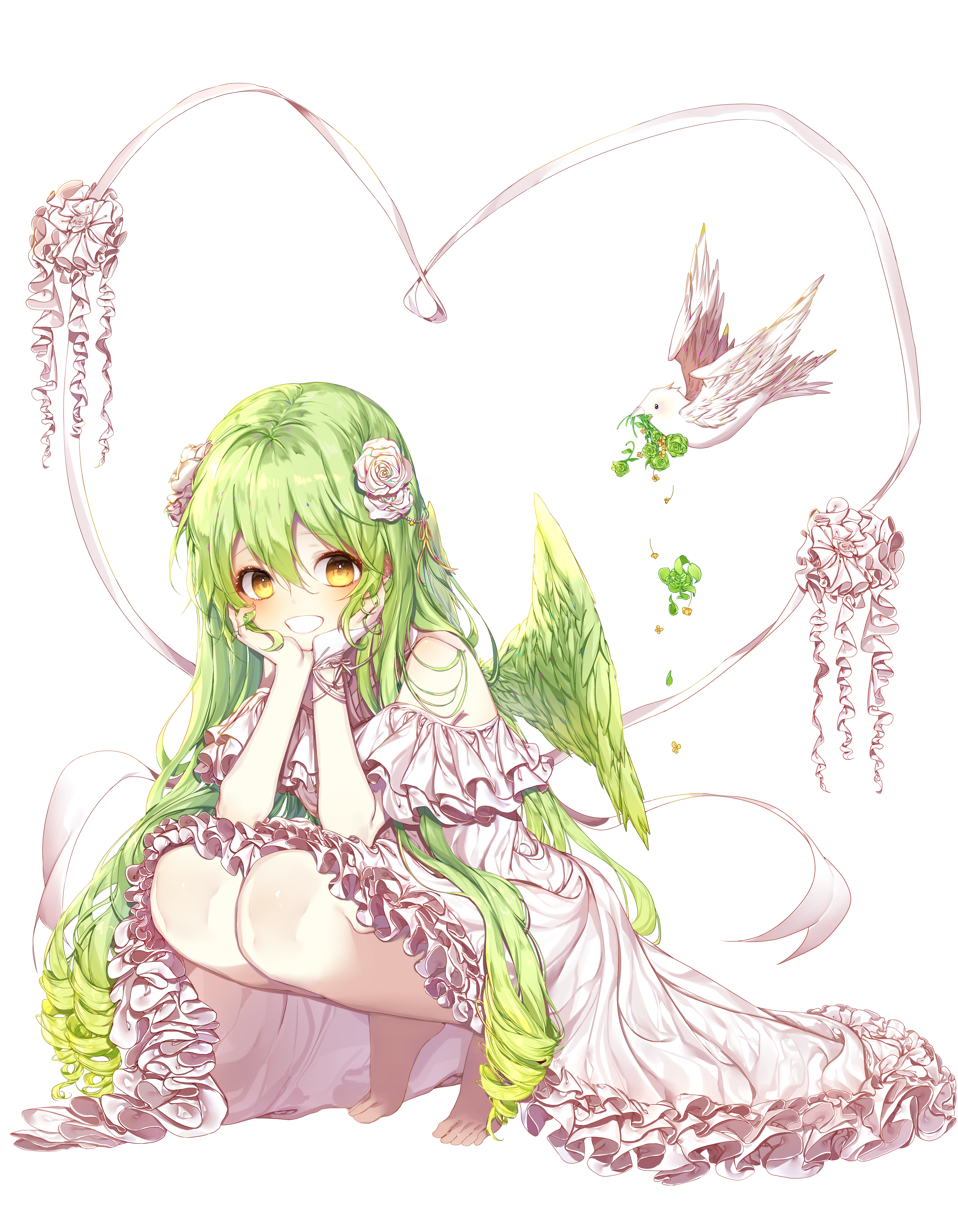 Anime 3150x4050 anime anime girls original characters green hair flower in hair barefoot simple background