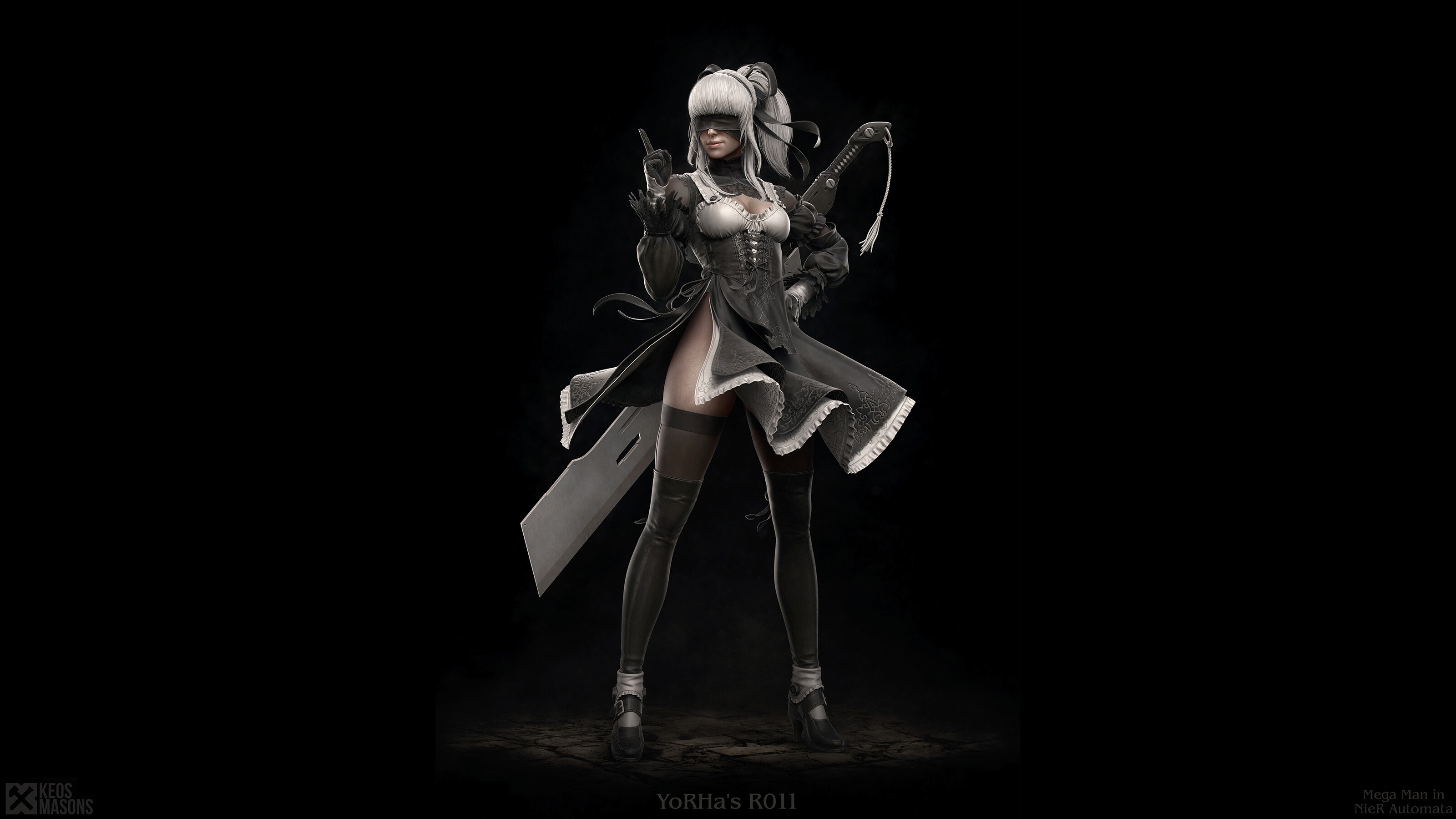 General 3200x1800 Nier: Automata 2B (Nier: Automata) Nier video game characters human android video games black background white hair digital art blindfold gloves sword leggings black dress moles fantasy weapon cleavage finger pointing zettai ryouiki