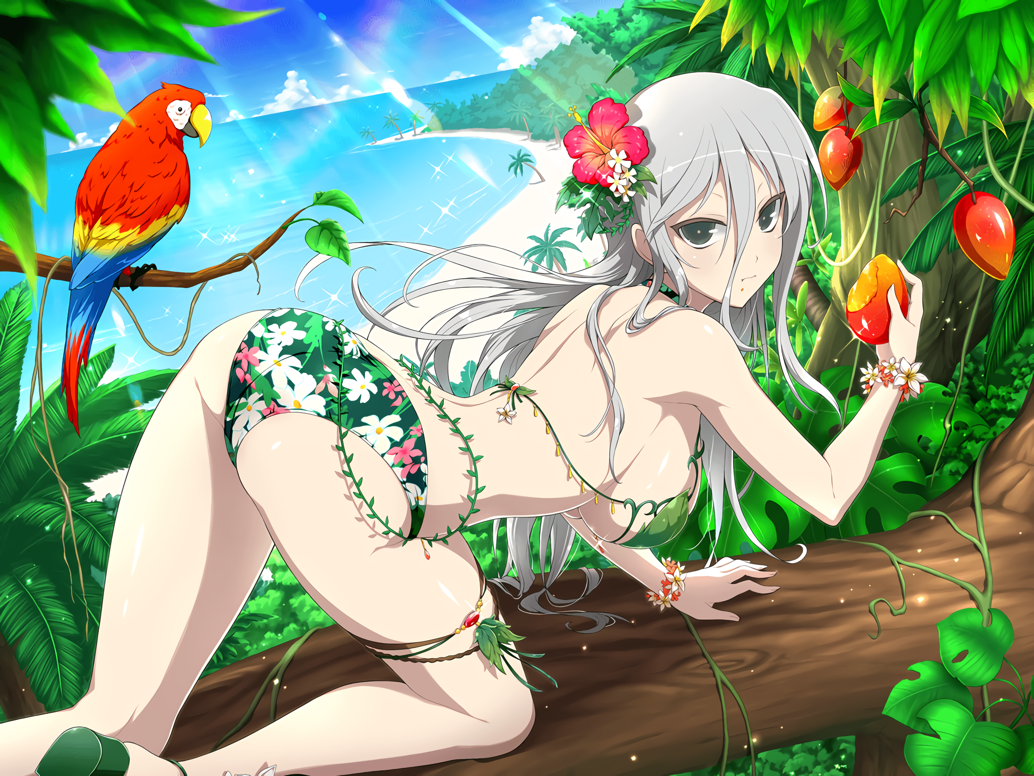 Anime 2048x1536 anime anime girls Senran Kagura big boobs bent over sideboob ass colorful parrot animals birds food bikini looking back