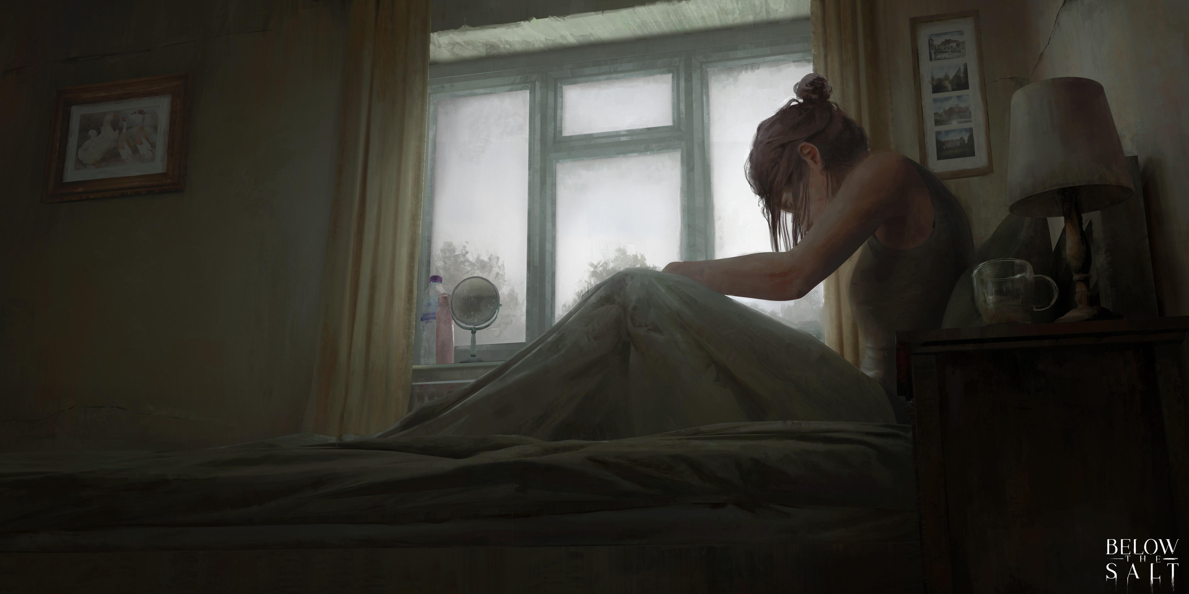 General 3840x1920 digital art artwork illustration women bed indoors Connor Sheehan