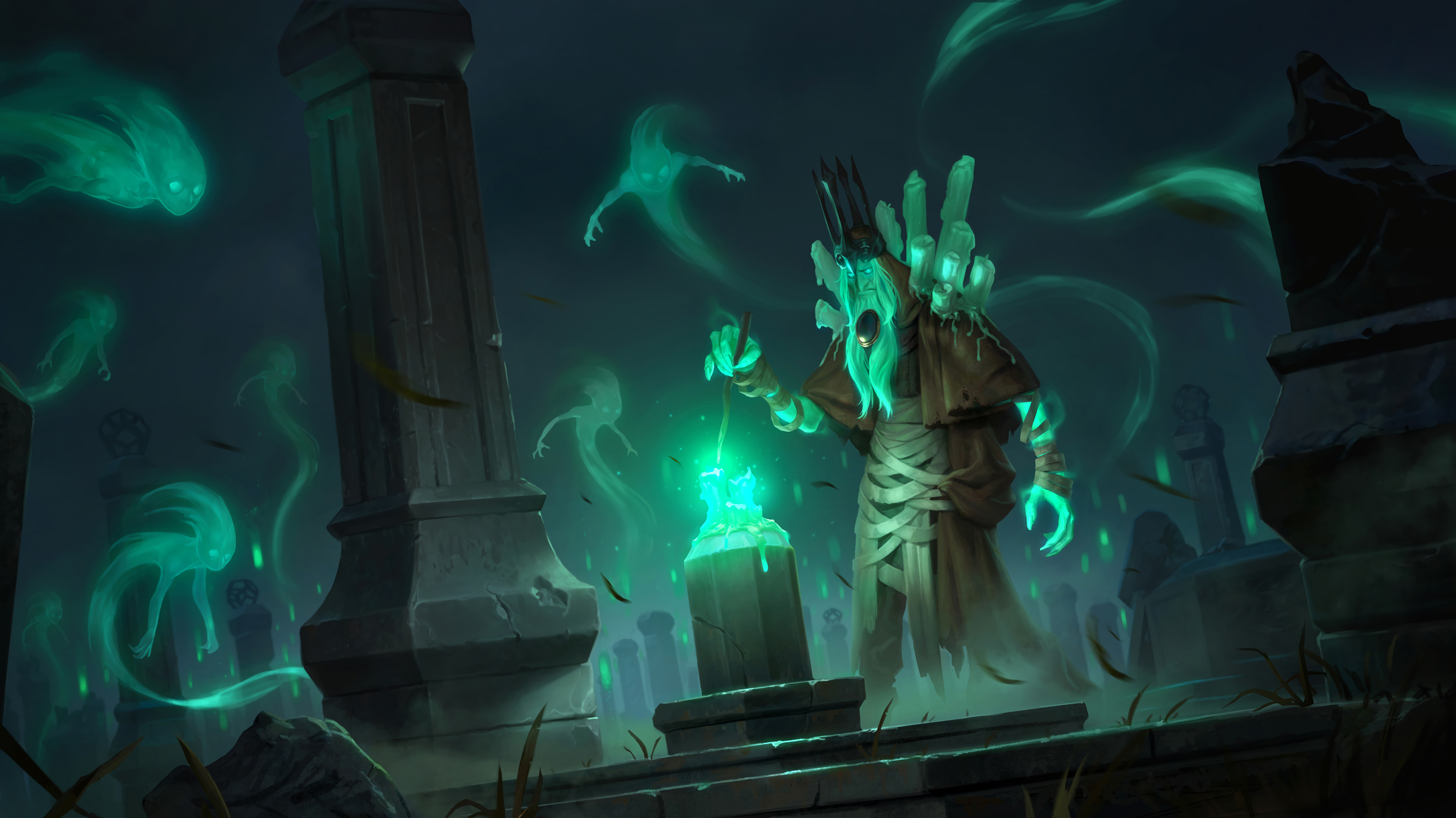 General 3840x2160 Legends of Runeterra League of Legends fantasy art PC gaming candles spirits robes Crypt (Location)