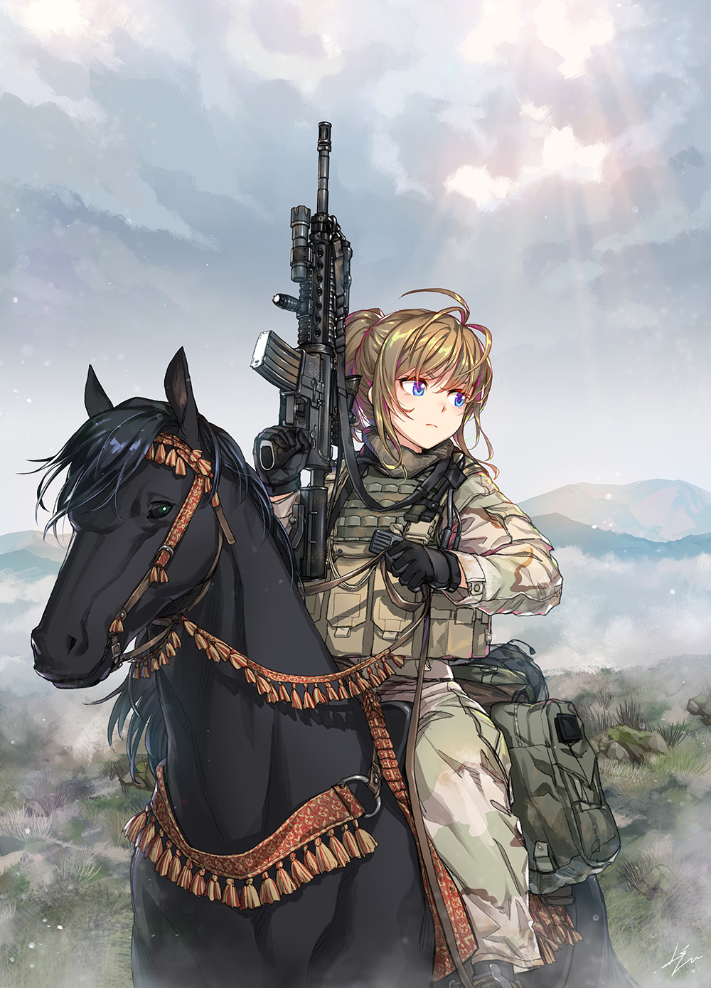 Anime 1000x1389 anime anime girls portrait display long hair ponytail blonde blue eyes military weapon girls with guns gloves horse Pixiv M4