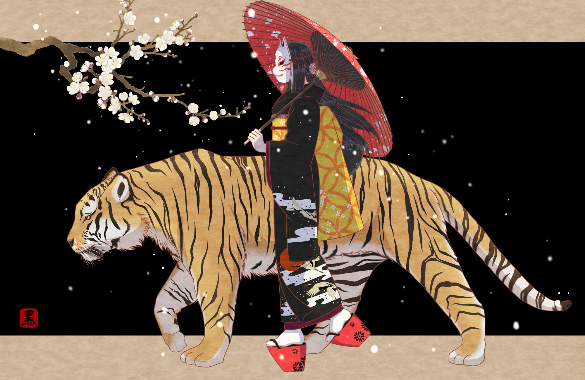 General 2000x1300 Asian fantasy art fantasy girl umbrella animals big cats artwork mask fox mask