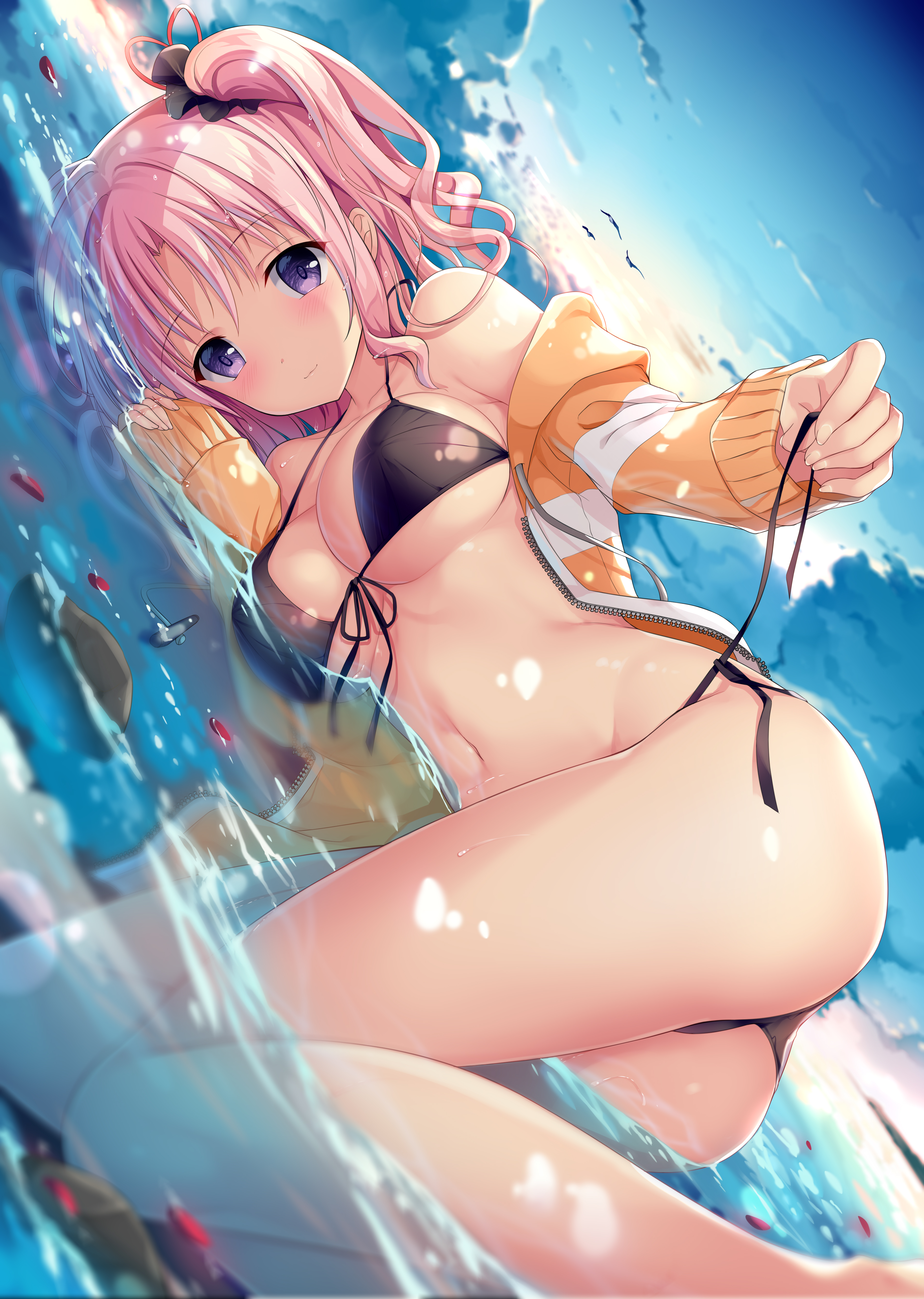 Anime 3579x5031 TwinBox anime anime girls purple eyes boobs big boobs ass outdoors water bikini pink hair Sousouman