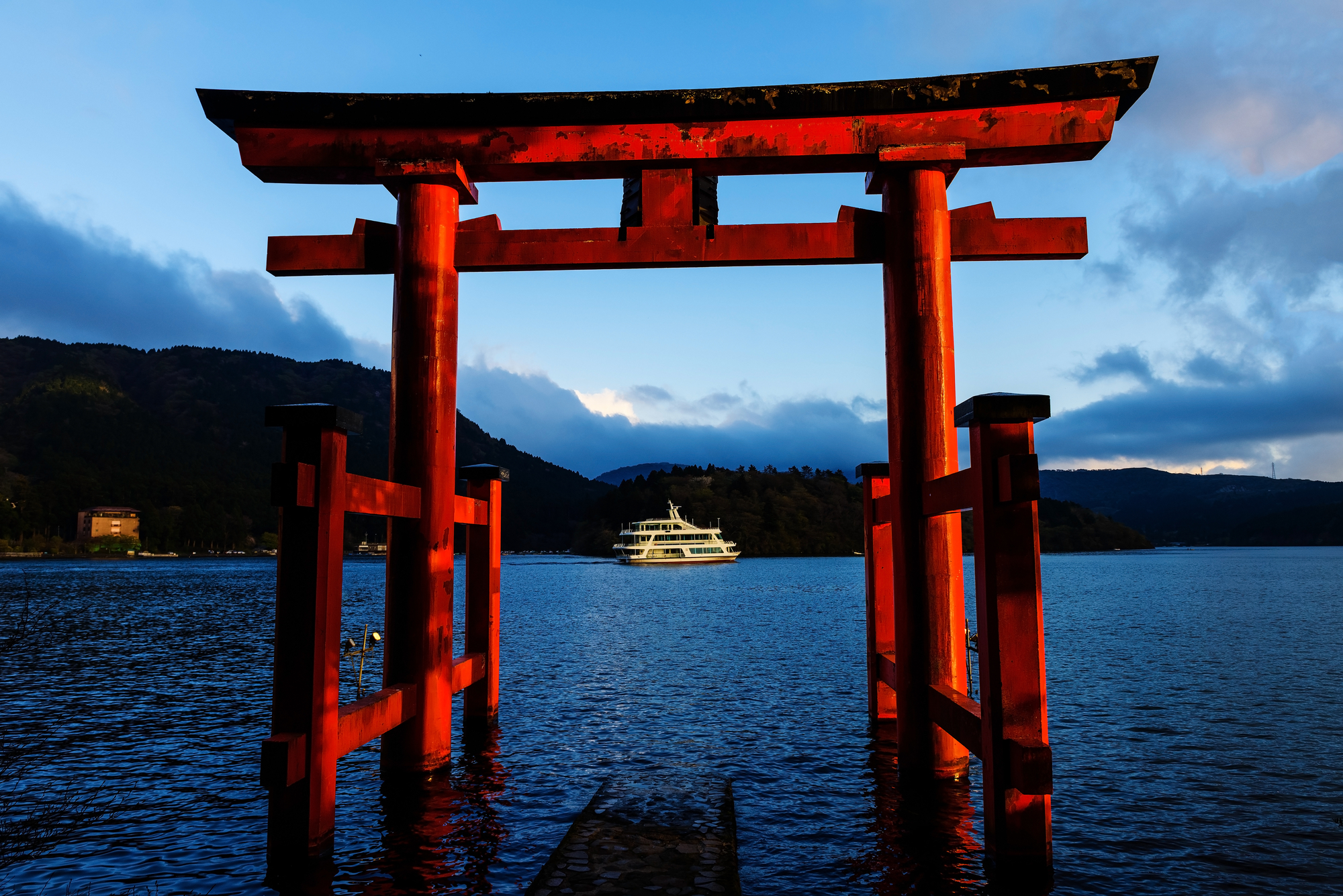 General 2000x1335 nature landscape water Asia torii Japan lake ship hills trees forest clouds yacht