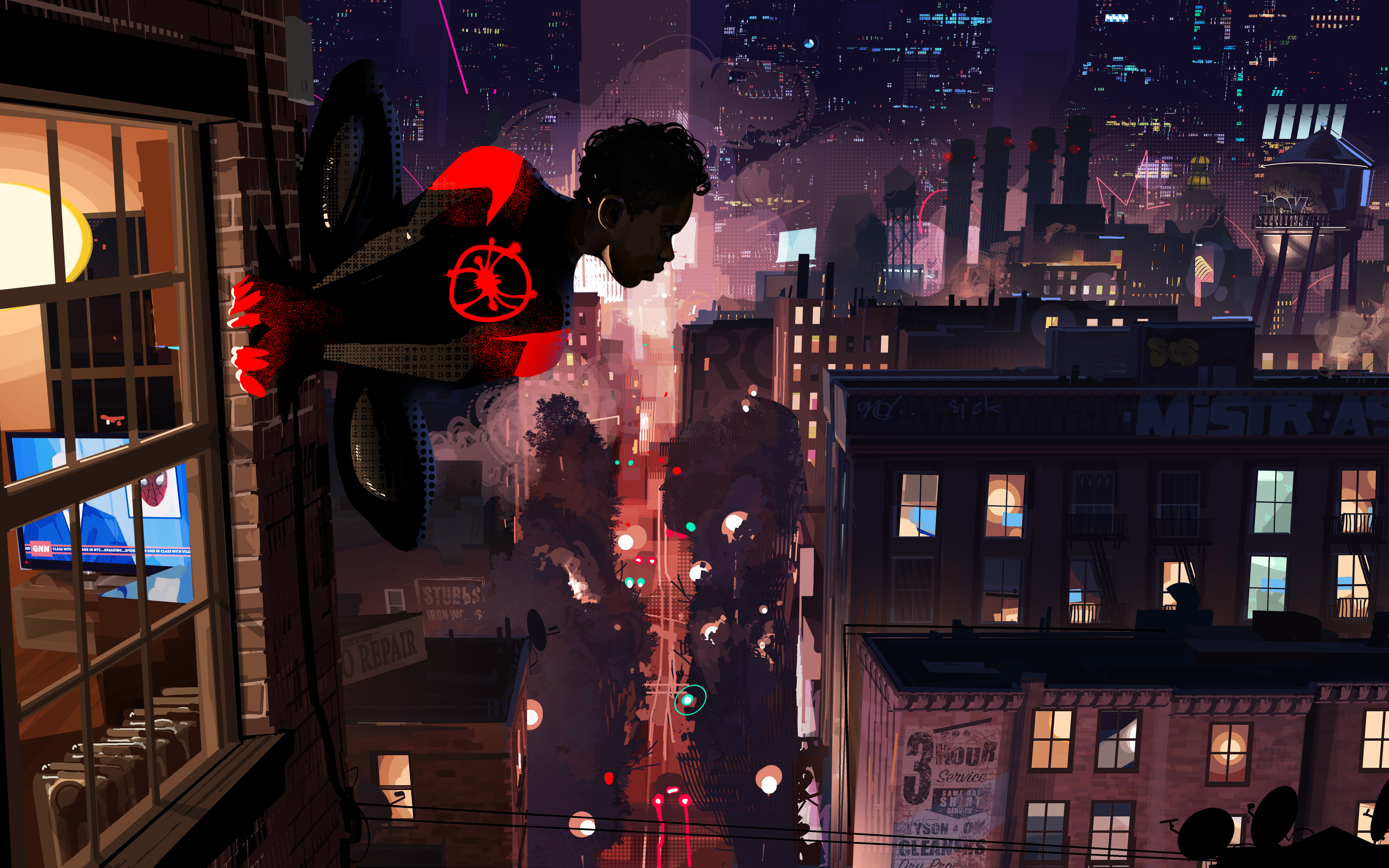 General 2880x1800 Spider-Man Spider-Man: Into the Spider-Verse Miles Morales city night building rooftops fan art Patrick O'Keefe movies movie characters Marvel Comics