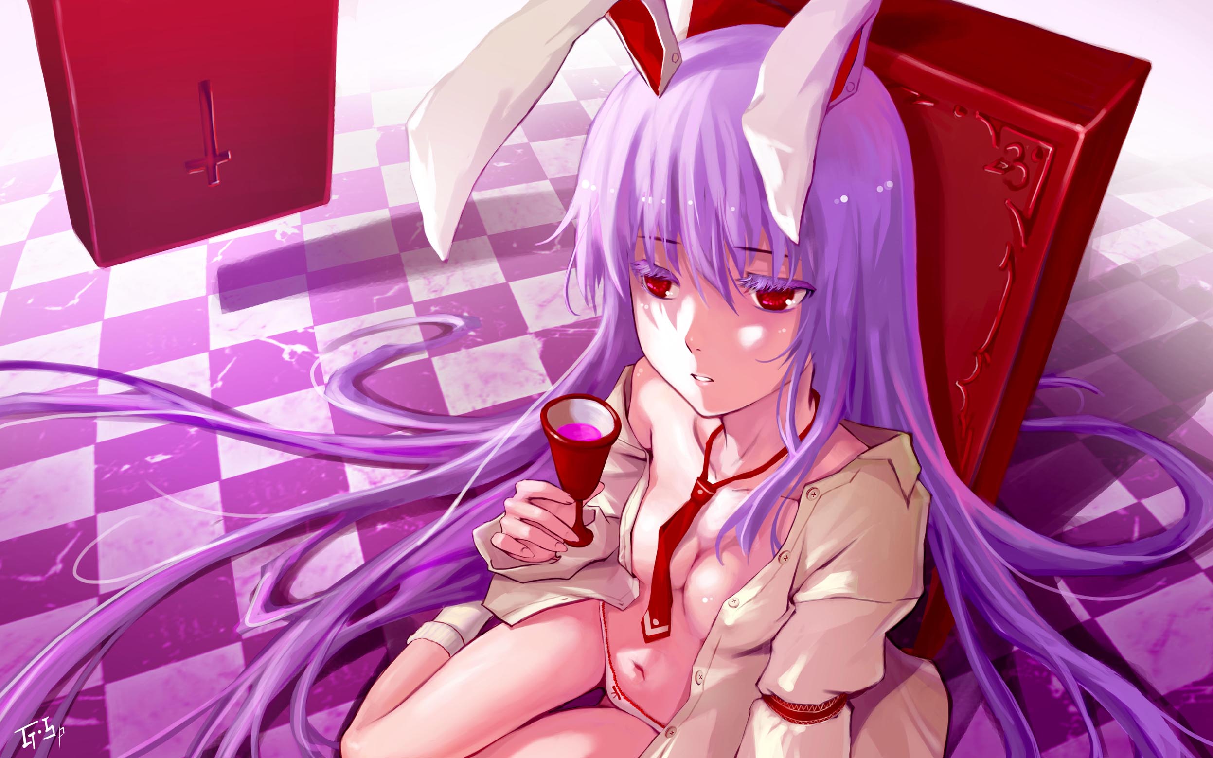 Anime 2494x1559 As109 anime girls Touhou Reisen Udongein Inaba panties shirt bunny girl cleavage anime bunny ears boobs tie belly purple hair red eyes long hair cup sitting no bra open shirt