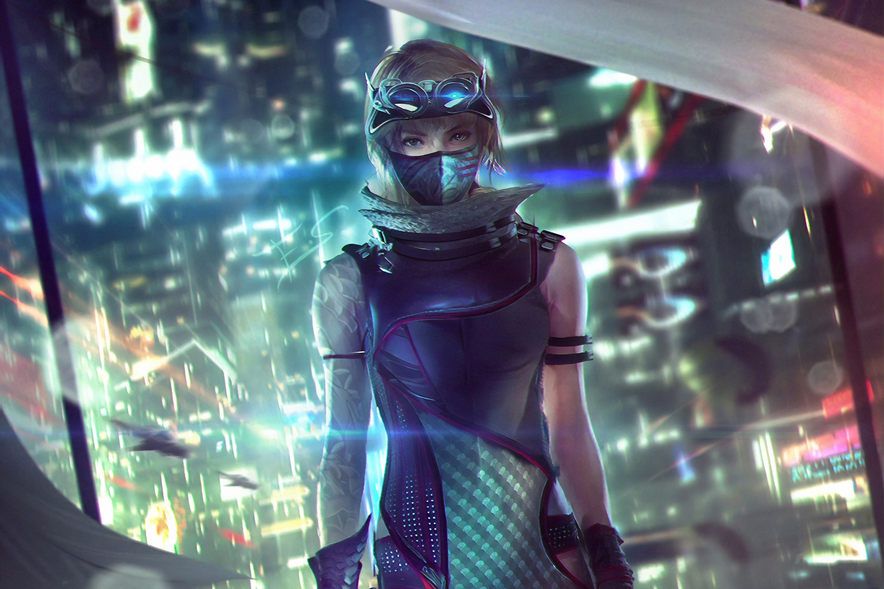 General 3000x2000 digital art ninjas cyberpunk fantasy girl futuristic Eddy Shinjuku cyan