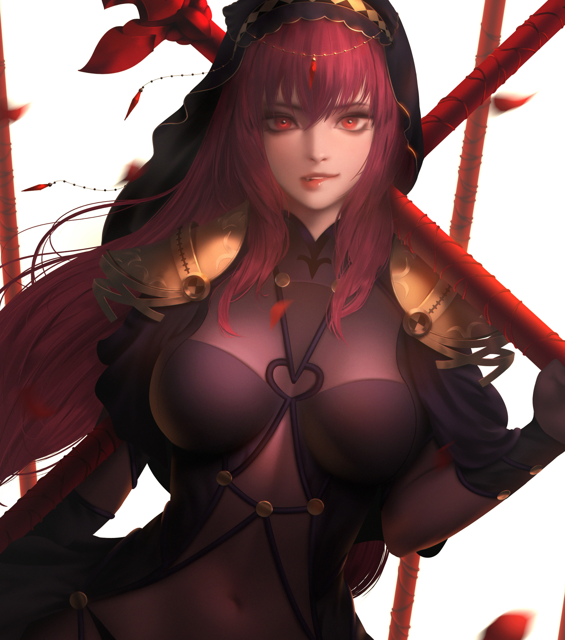 Anime 1920x2176 Seungyoon Lee Fate/Grand Order Scathach drawing redhead see-through clothing bodysuit lance weapon red eyes biting lips women sensual gaze looking at viewer hoods