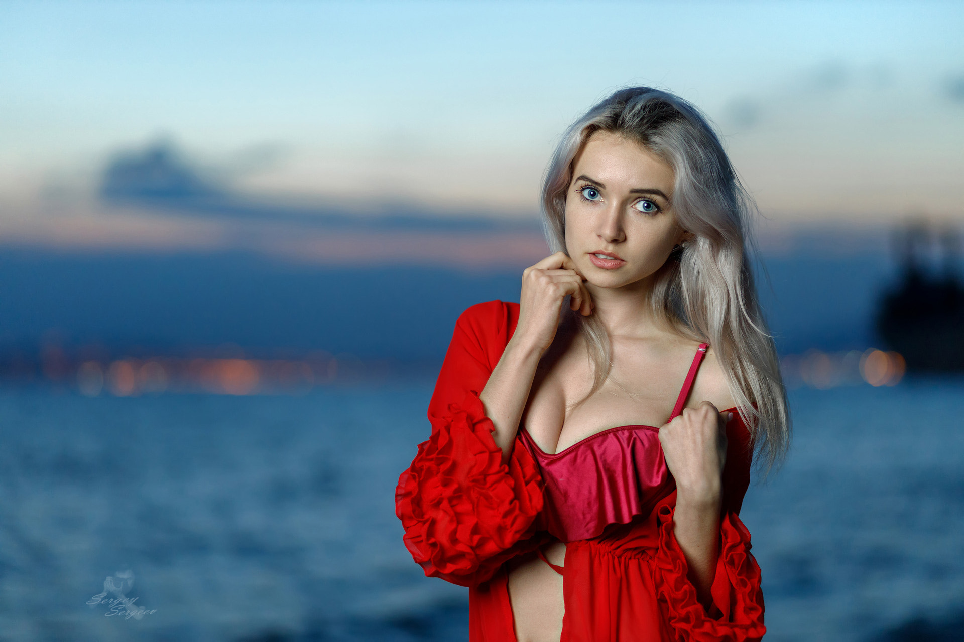 People 1920x1280 Sergey Sergeev women blonde long hair blue eyes looking at viewer open mouth swimwear blouses red clothing red water silk cleavage open clothes undressing