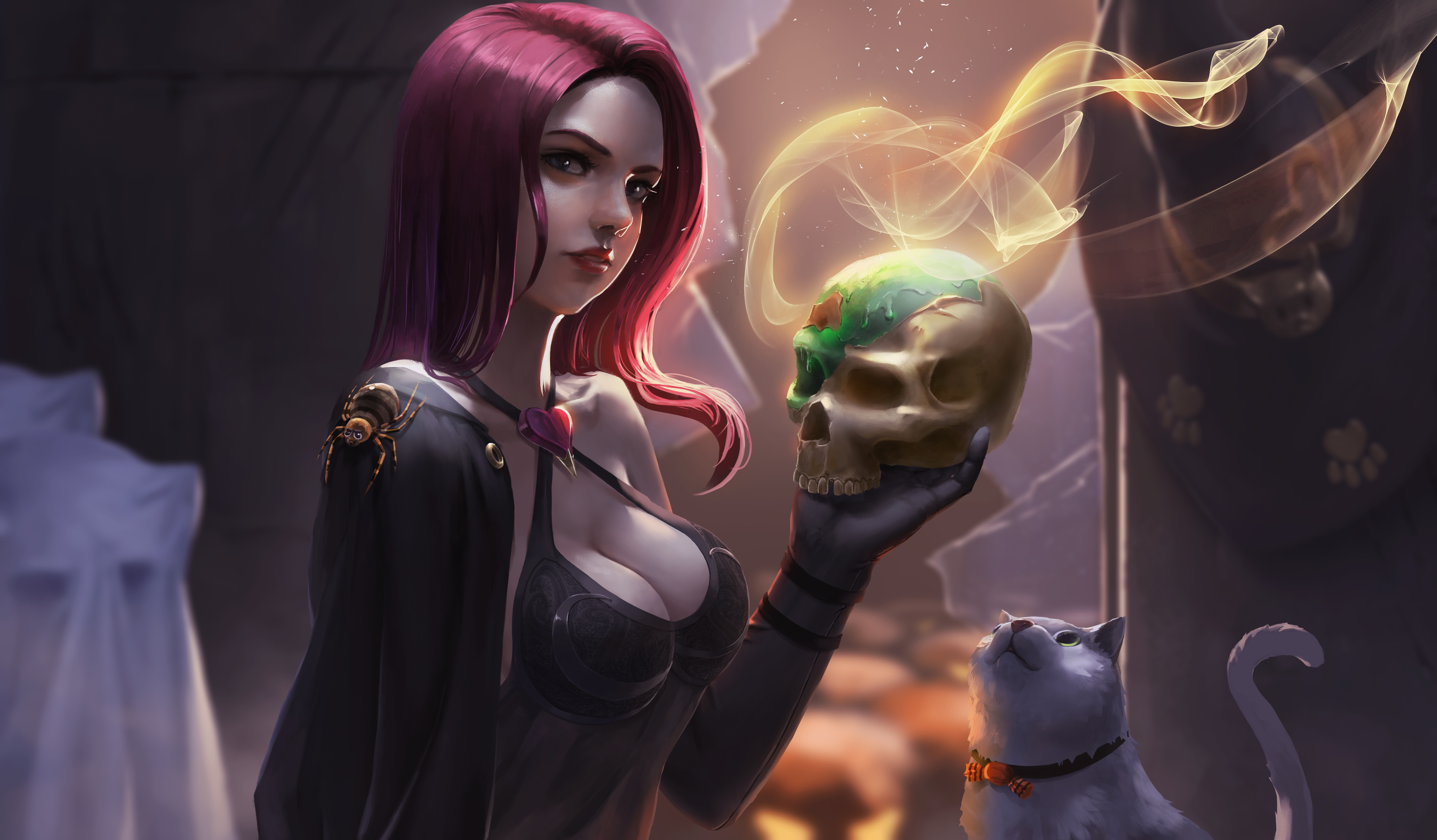 General 6000x3508 women fantasy girl witch witch hat fantasy art redhead looking at viewer portrait magic skull dress black dress cleavage cats spider animals Halloween original characters artwork drawing illustration digital art Allen Hsieh