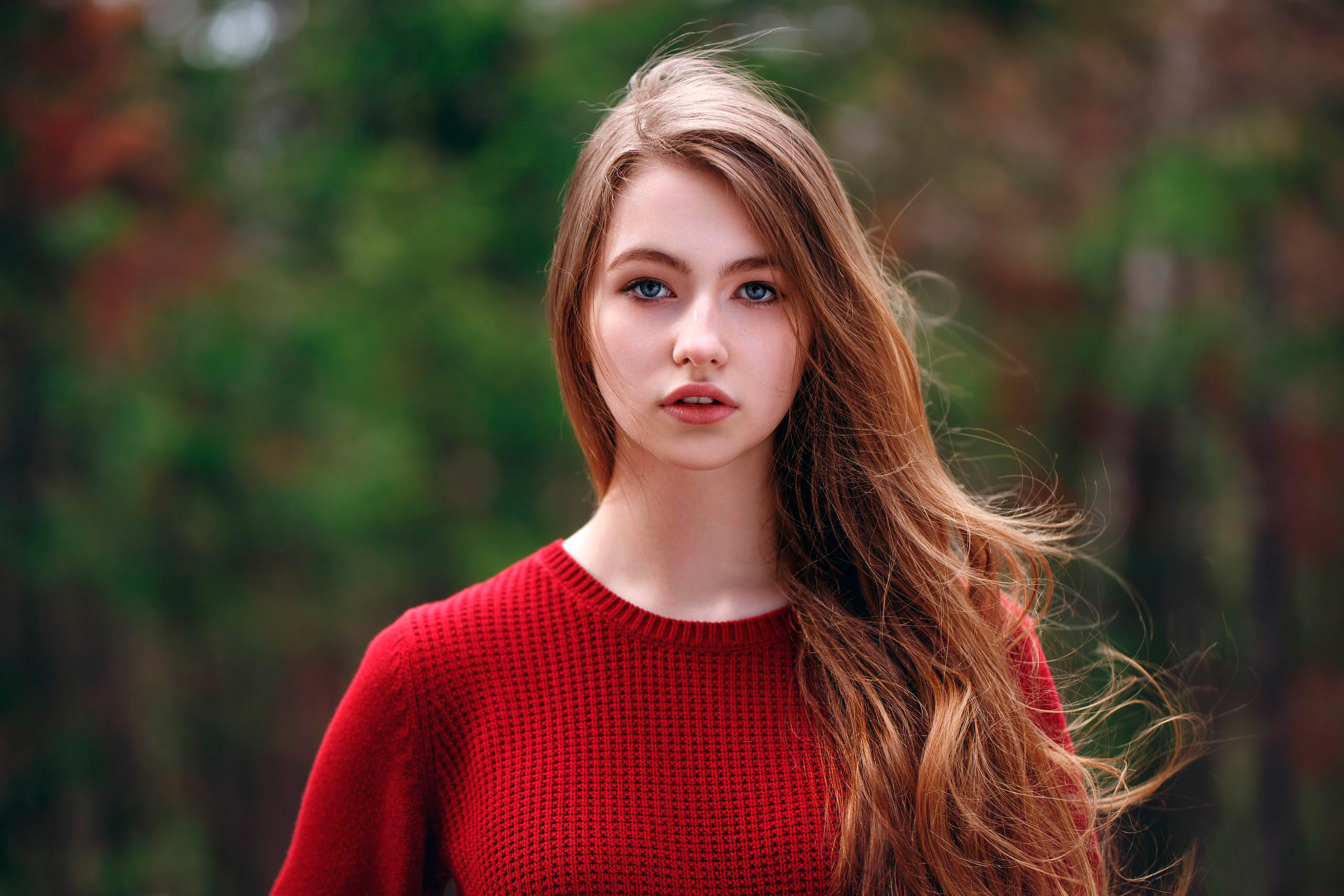 People 2560x1707 women portrait face blue eyes long hair depth of field red sweater women outdoors open mouth