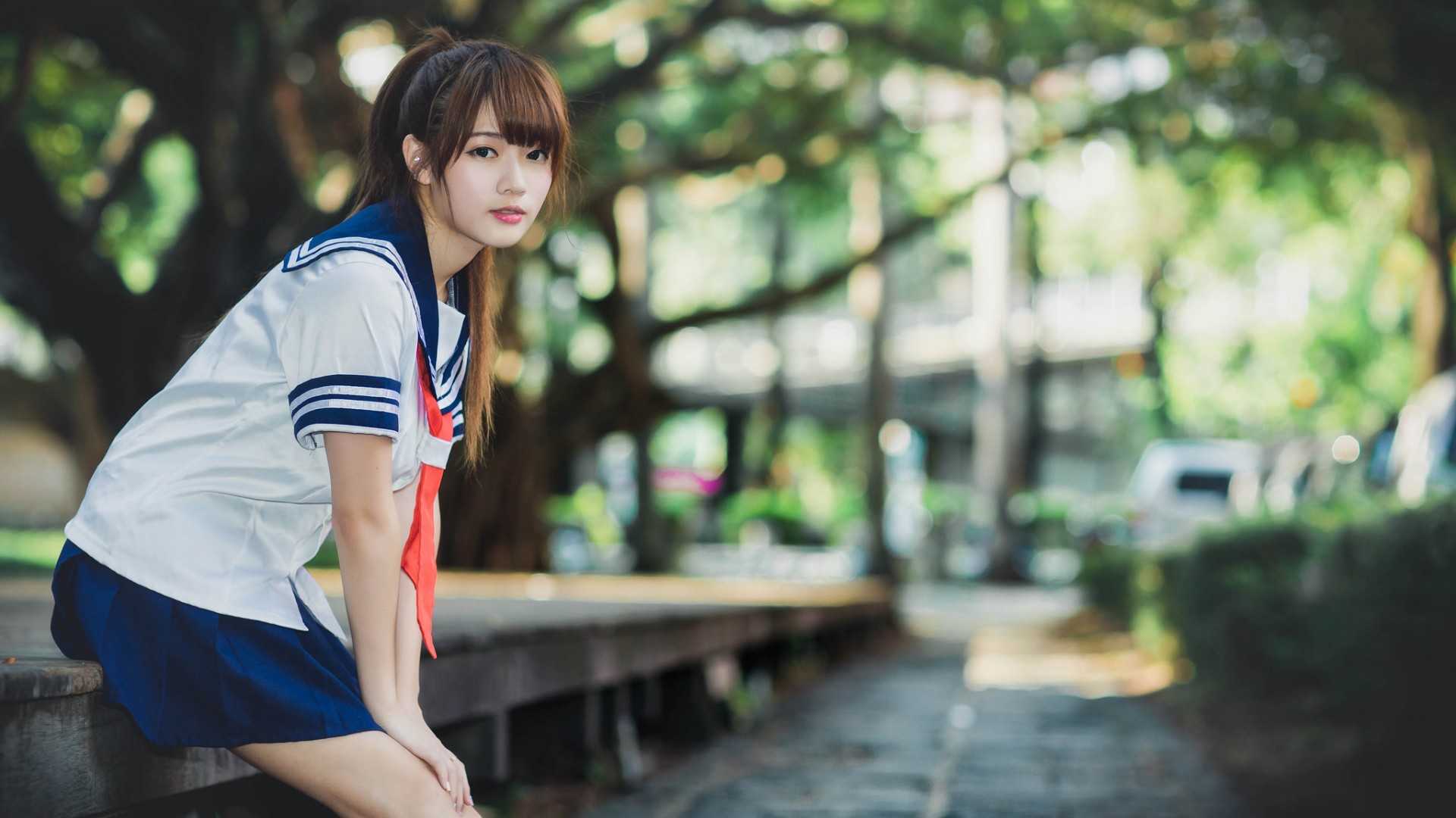 People 1920x1080 women model photography Asian urban tie looking at viewer women outdoors brunette school uniform ponytail Taiwanese Dolly.C