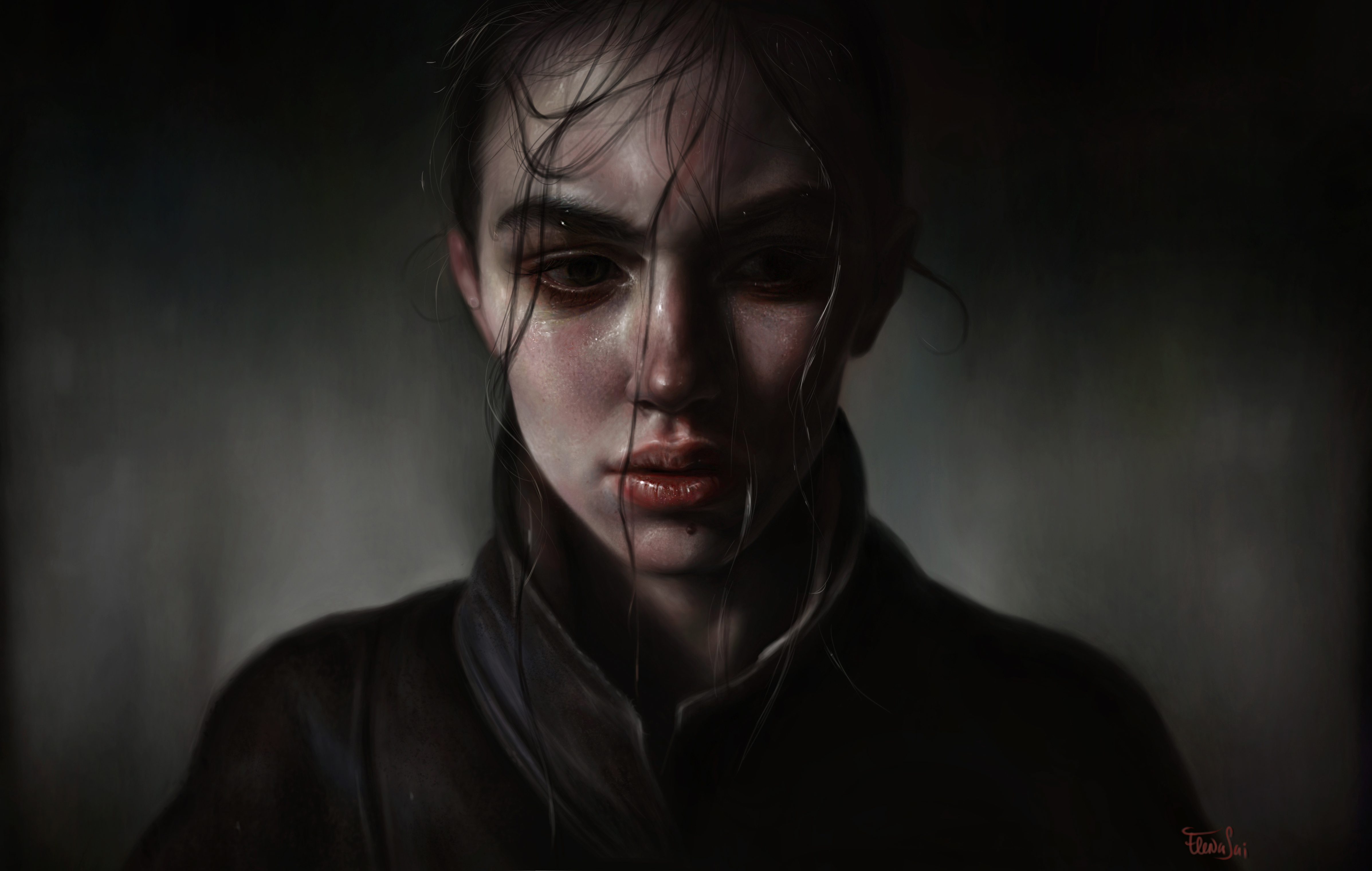 General 4789x3041 realistic women dark portrait face artwork signature digital art simple background