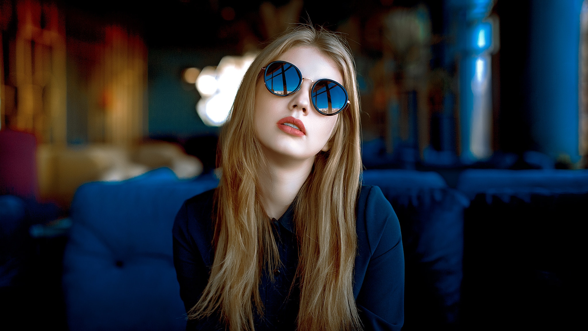 People 2048x1152 women model blonde portrait sunglasses women with shades indoors shirt bokeh depth of field women indoors Andrey Metelkov lipstick