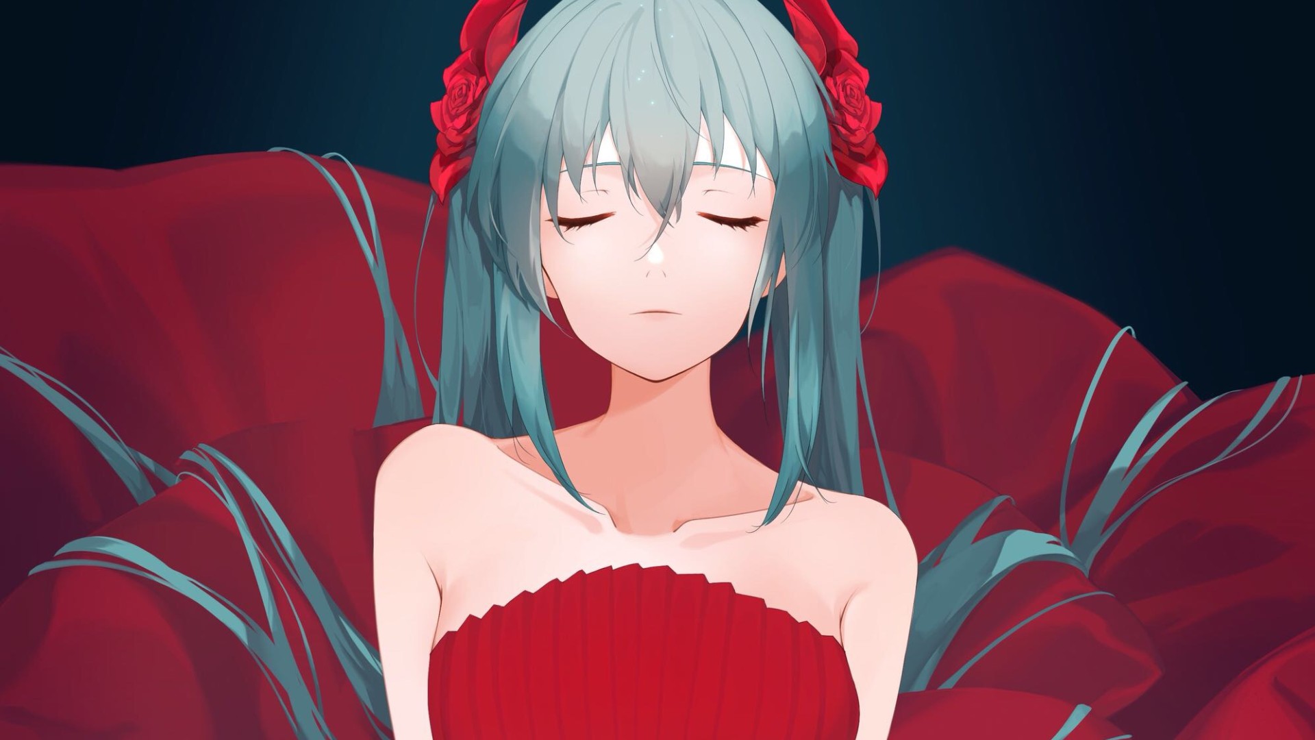 Anime 1920x1080 Hatsune Miku Vocaloid twintails long hair bare shoulders closed eyes anime girls anime