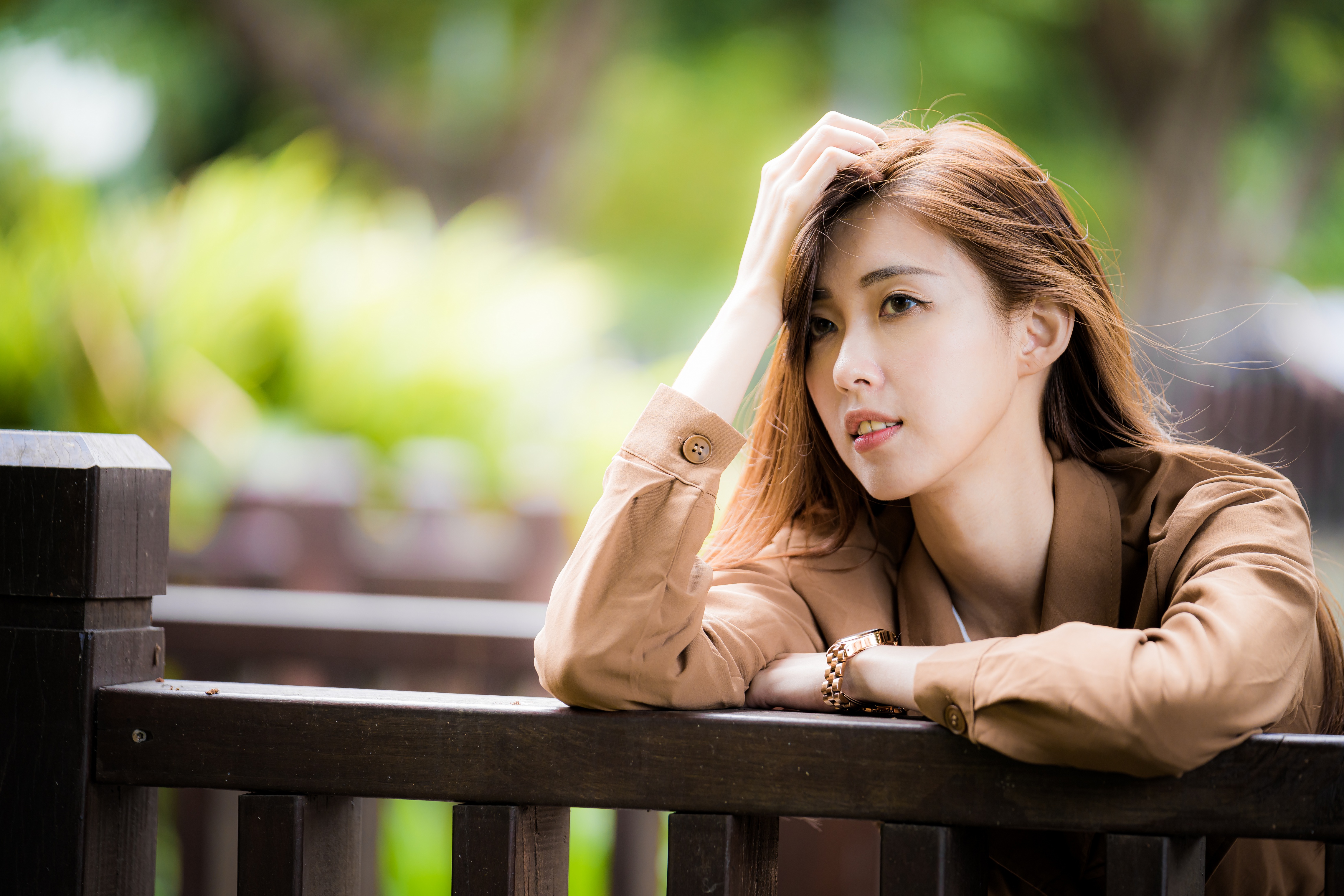 People 4562x3041 Asian model women long hair depth of field railing leaning bushes looking into the distance blouses