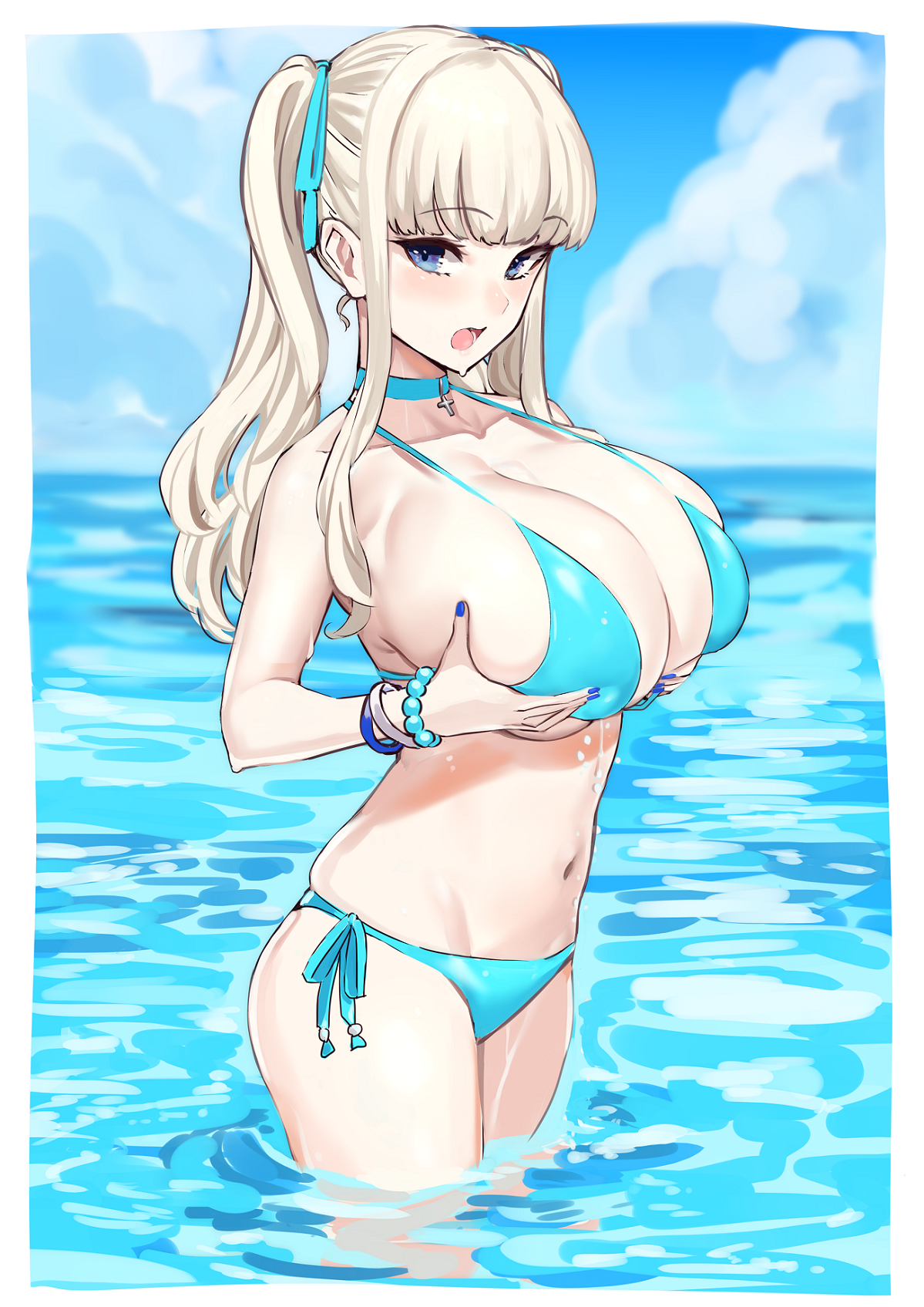 Anime 1199x1695 anime anime girls digital art artwork 2D portrait display big boobs huge breasts holding boobs bikini water wet blue eyes ash blonde twintails blushing Michihasu