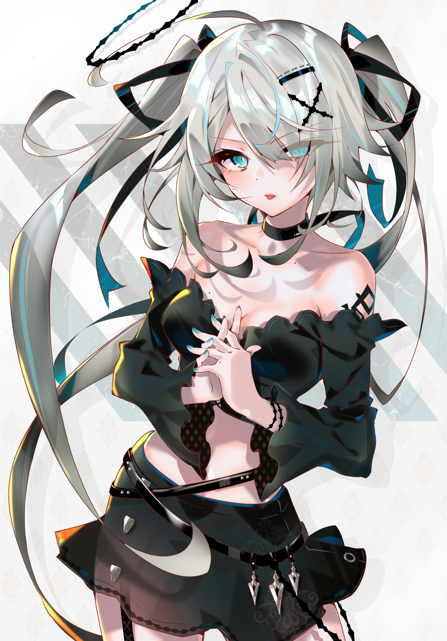 Anime 1535x2200 anime anime girls digital art artwork 2D portrait display Arutera silver hair twintails blue eyes tongue out bare shoulders