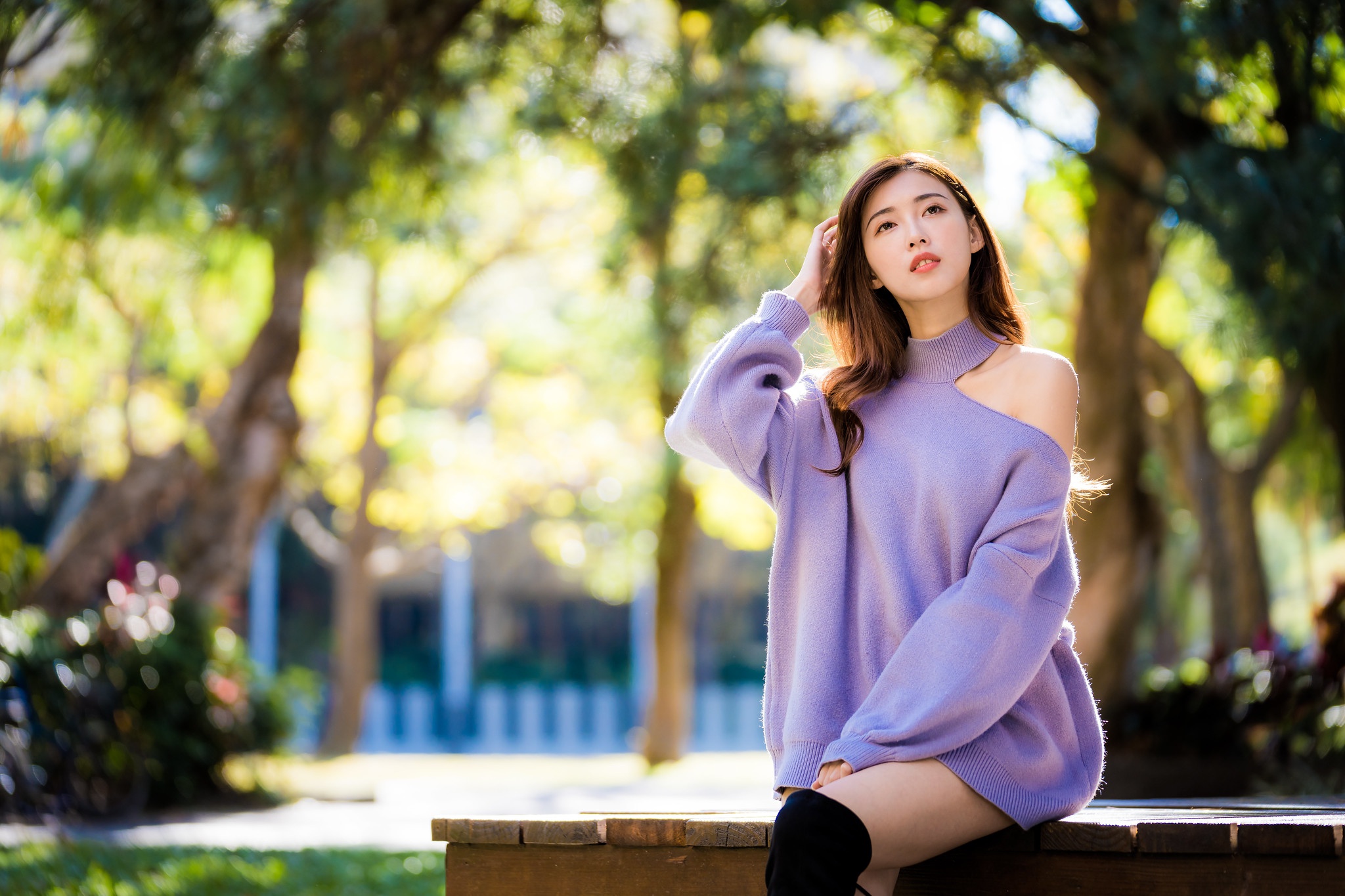 People 2048x1365 Asian model women long hair brunette depth of field pullover knee-high boots bench sitting trees bushes bare shoulders looking into the distance fence