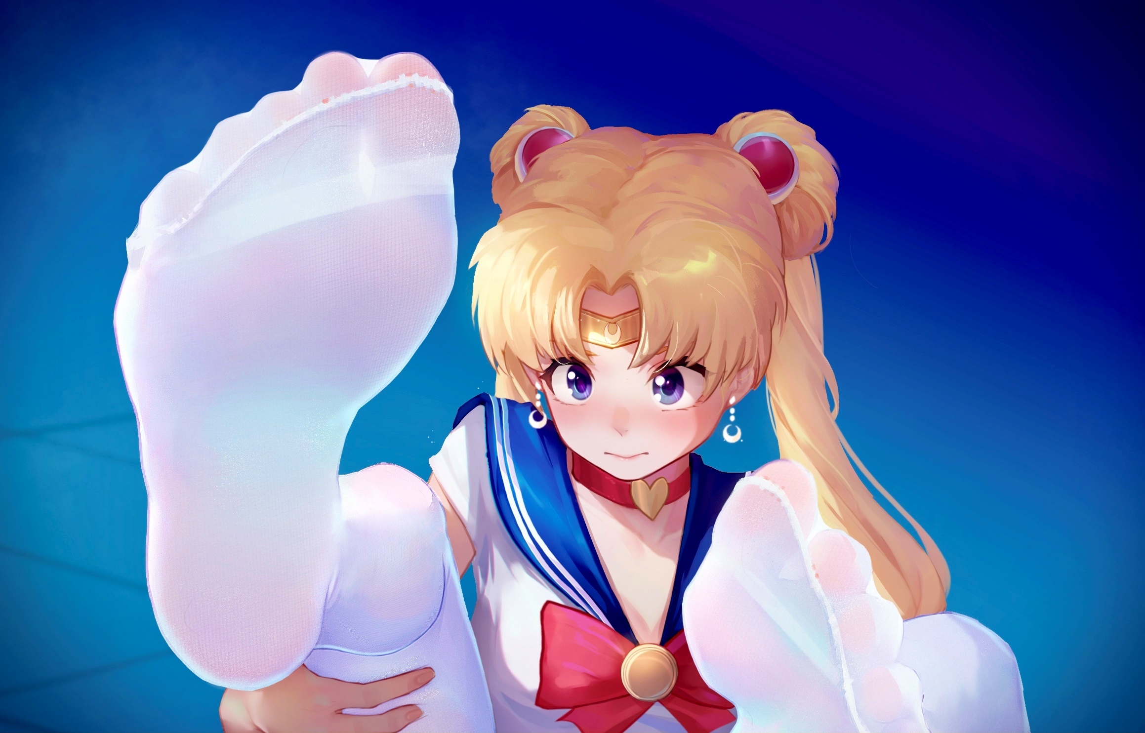 Anime 2318x1484 Sailor Moon anime girls school uniform twintails foot fetishism blonde Icecaker pantyhose