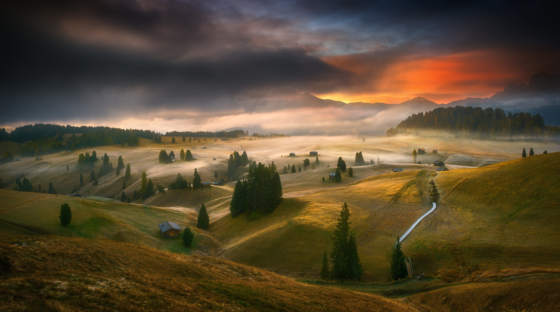 General 1793x1000 Krzysztof Browko landscape Alps mist sunset red sky trees hills hut