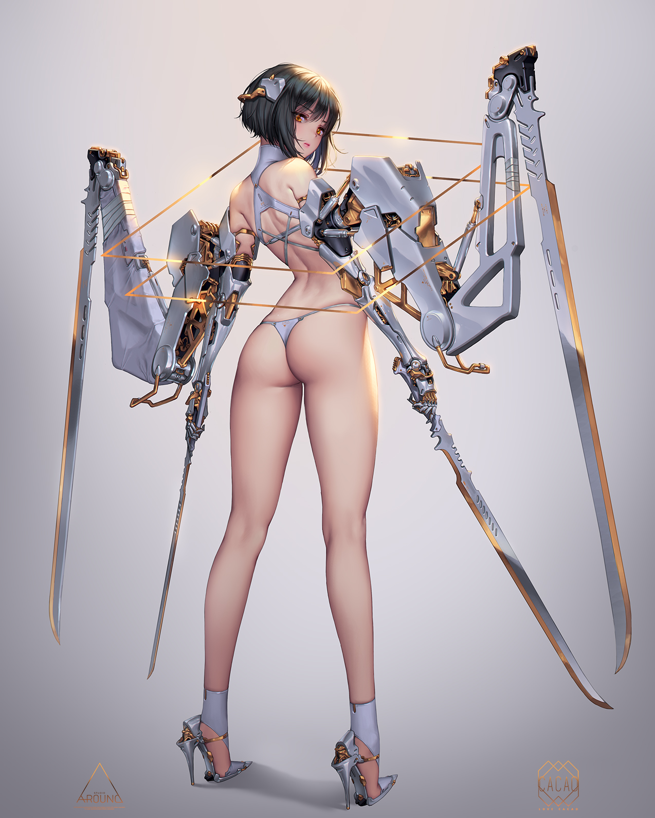 Anime 1274x1590 Lovecacao drawing dark hair hair accessories androids short hair panties ass low-angle high heels weapon sword blades brown eyes anime girls mecha girls