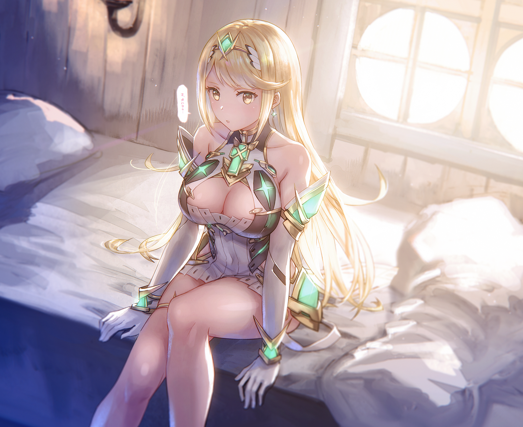 Anime 1812x1480 anime anime girls Xenoblade Chronicles Xenoblade Chronicles 2 Hikari (Xenoblade Chronicles 2) cleavage dress bed speech bubble Anbe Yoshirou bright