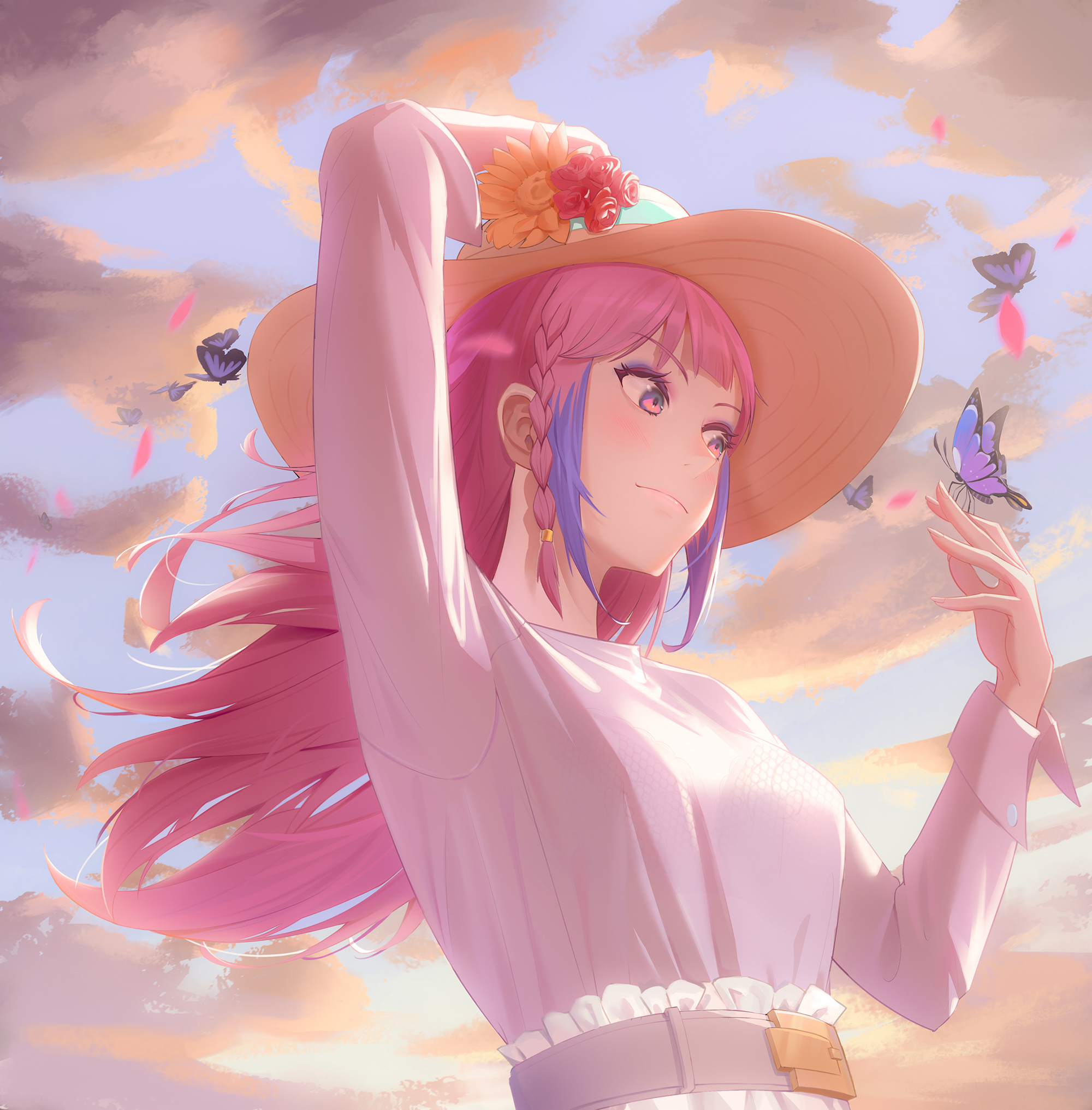 Anime 2000x2033 anime anime girls digital art artwork 2D portrait display hat pink hair pink eyes butterfly dress sky