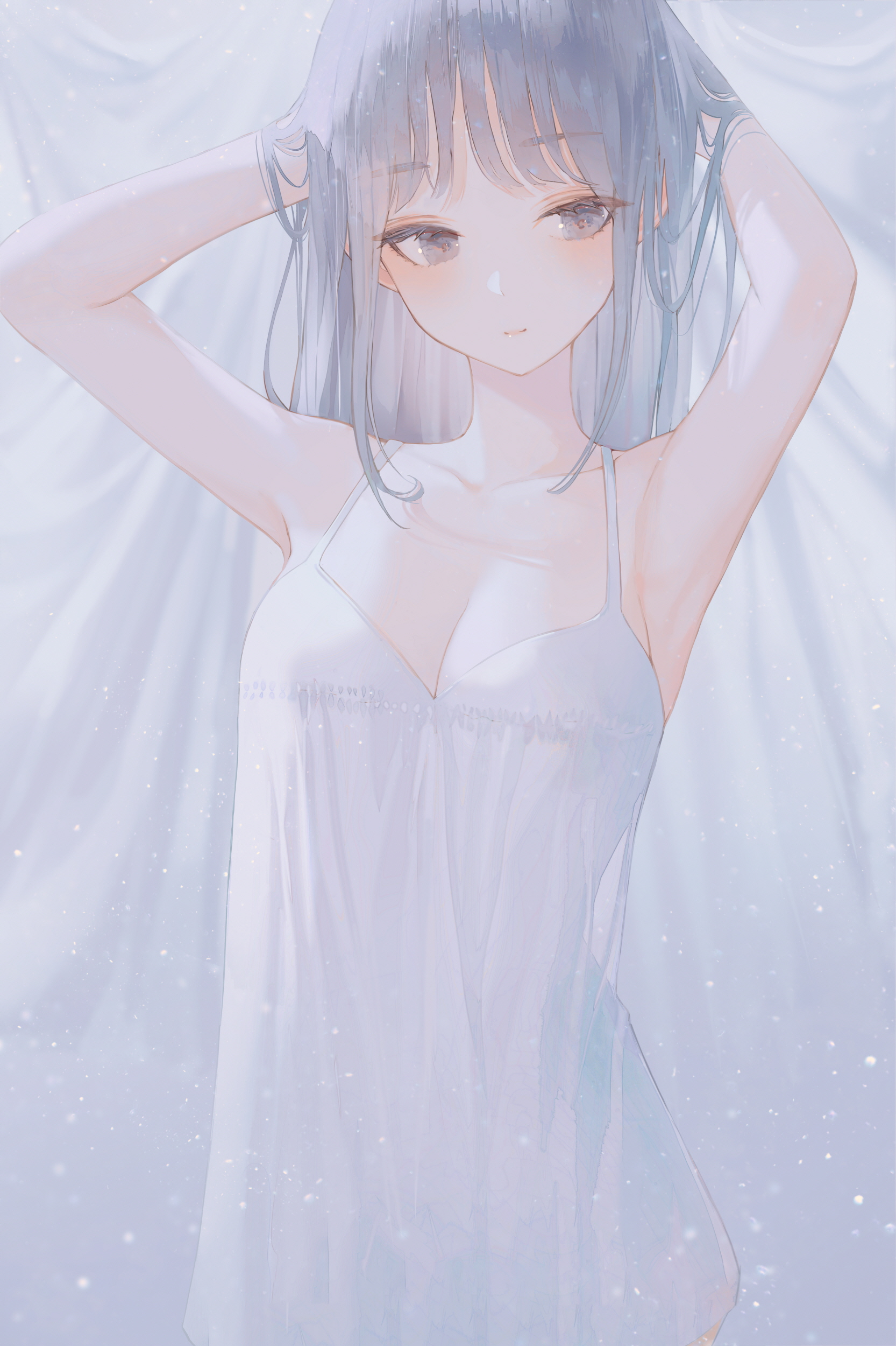 Anime 1666x2500 anime anime girls digital art artwork 2D portrait display Seol nightgown arms up cleavage no bra hands in hair silver hair gray eyes