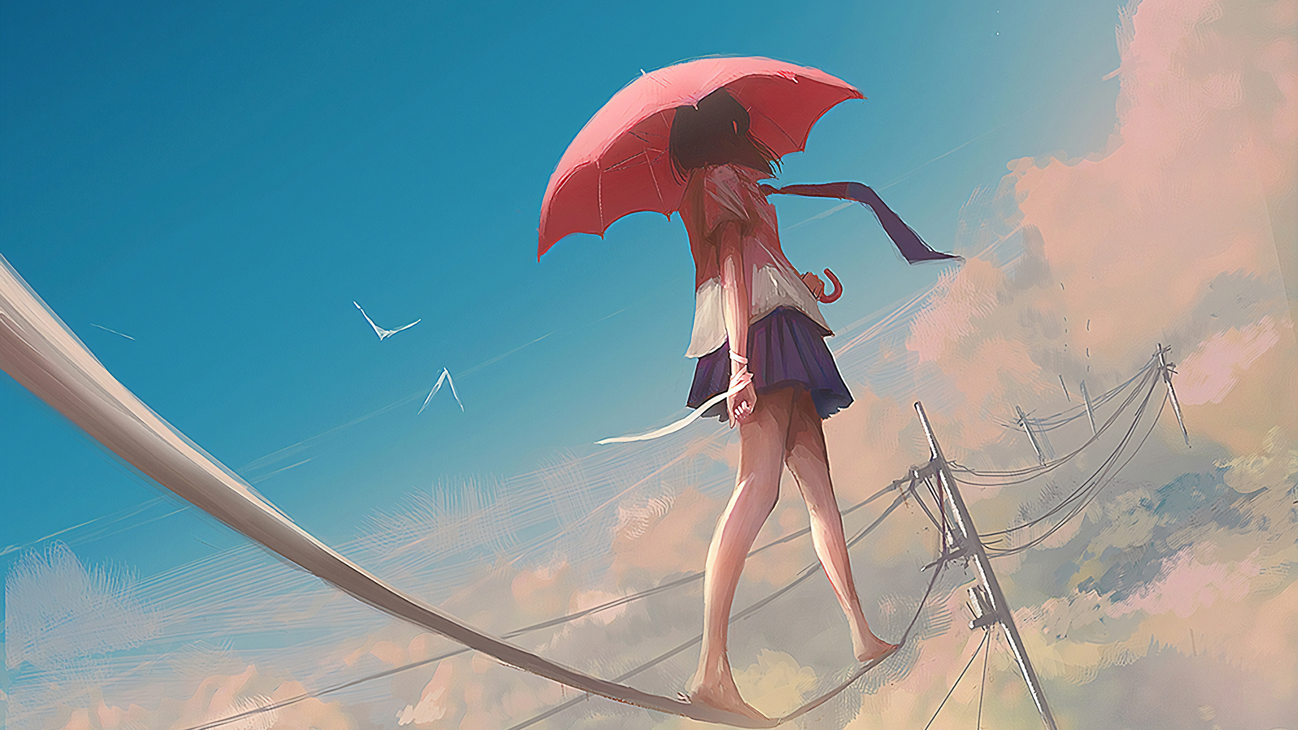 Anime 2560x1440 anime anime girls umbrella outdoors sky clouds barefoot miniskirt school uniform wataboku artwork cropped
