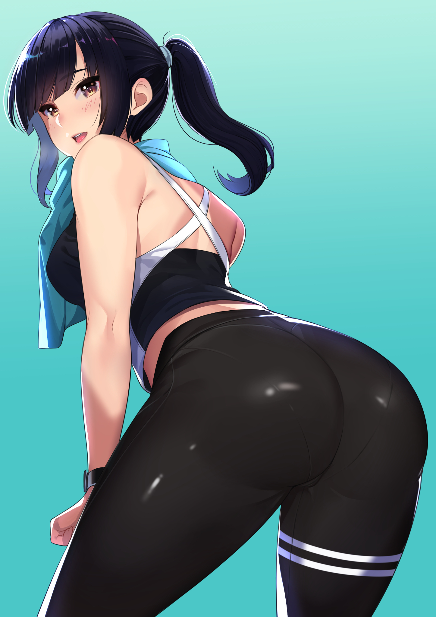 Anime 1447x2046 anime anime girls cameltoe ass gym clothes Kagematsuri cyan background cyan tight clothing