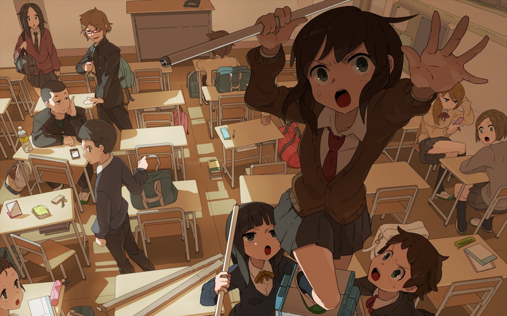 Anime 1680x1050 room school uniform classroom desk anime boys anime girls anime