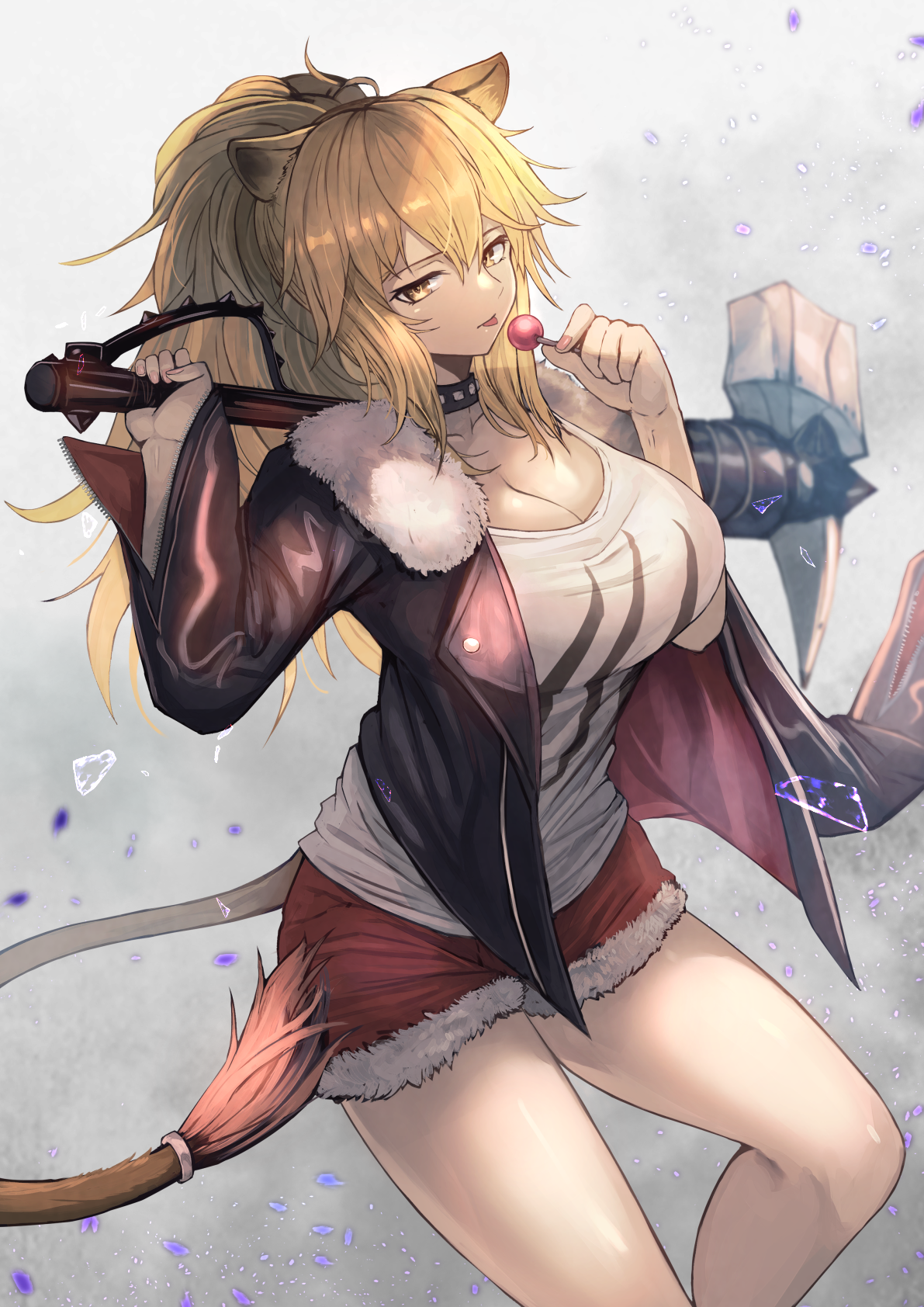 Anime 1191x1684 anime anime girls digital art artwork 2D portrait display Arknights Siege(Arknights) big boobs Ohako animal ears tail cat girl lollipop blonde ponytail yellow eyes tongue out open jacket cleavage short shorts hammer