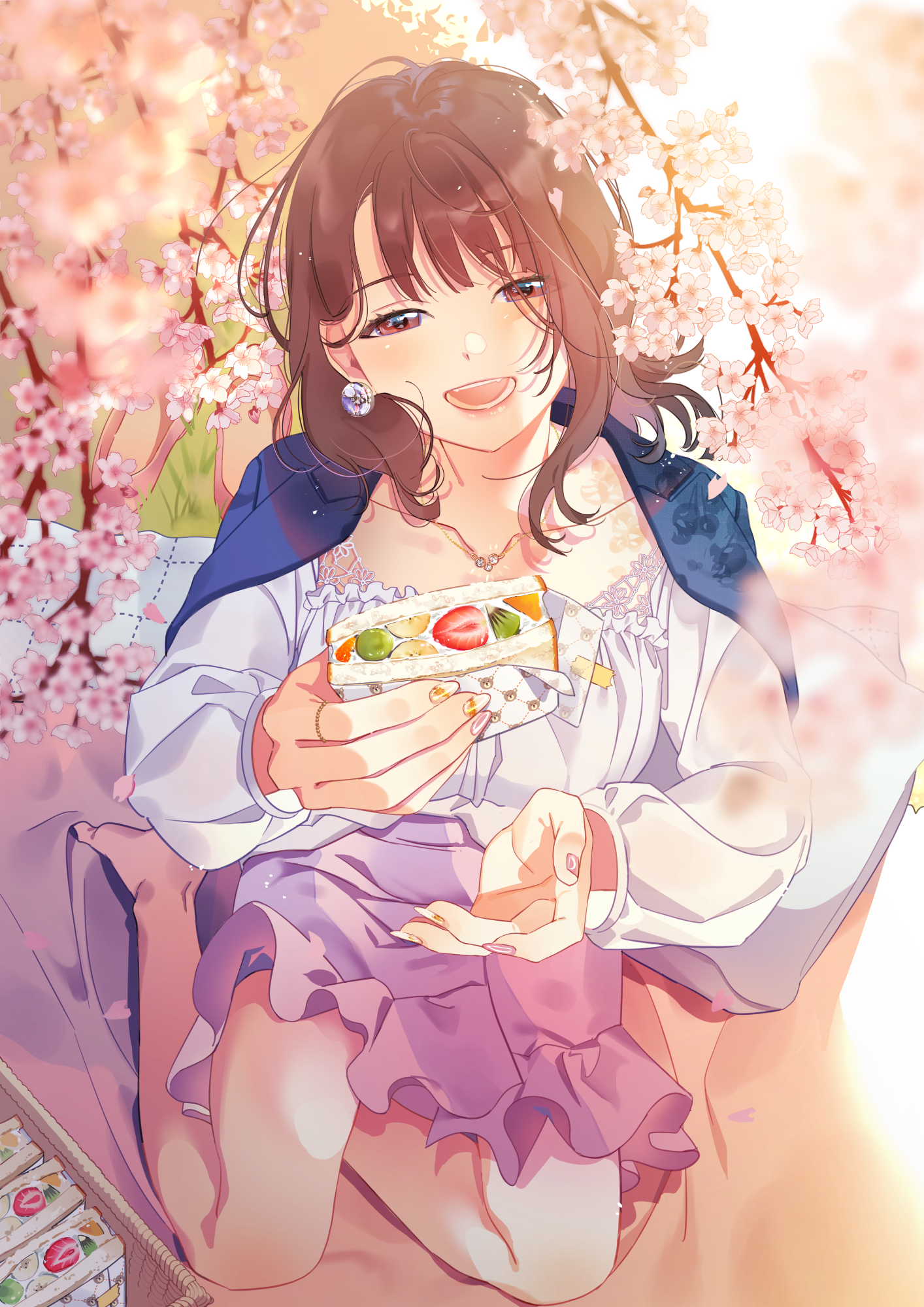 Anime 1414x2000 portrait display anime girls original characters food picnic anime Myaku cherry blossom brunette