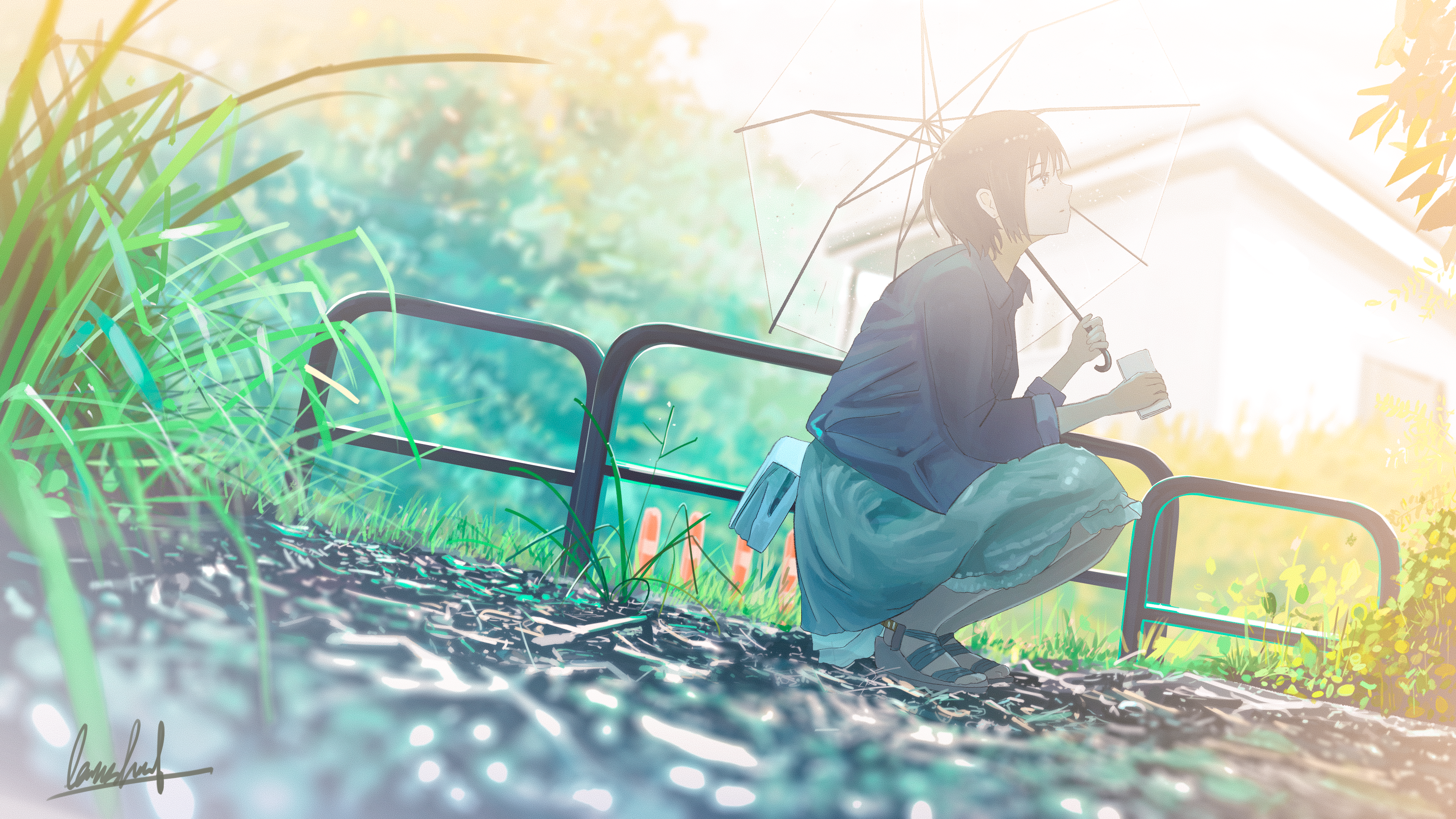 Anime 3840x2160 anime anime girls digital art artwork portrait 2D Banishment short hair umbrella squatting