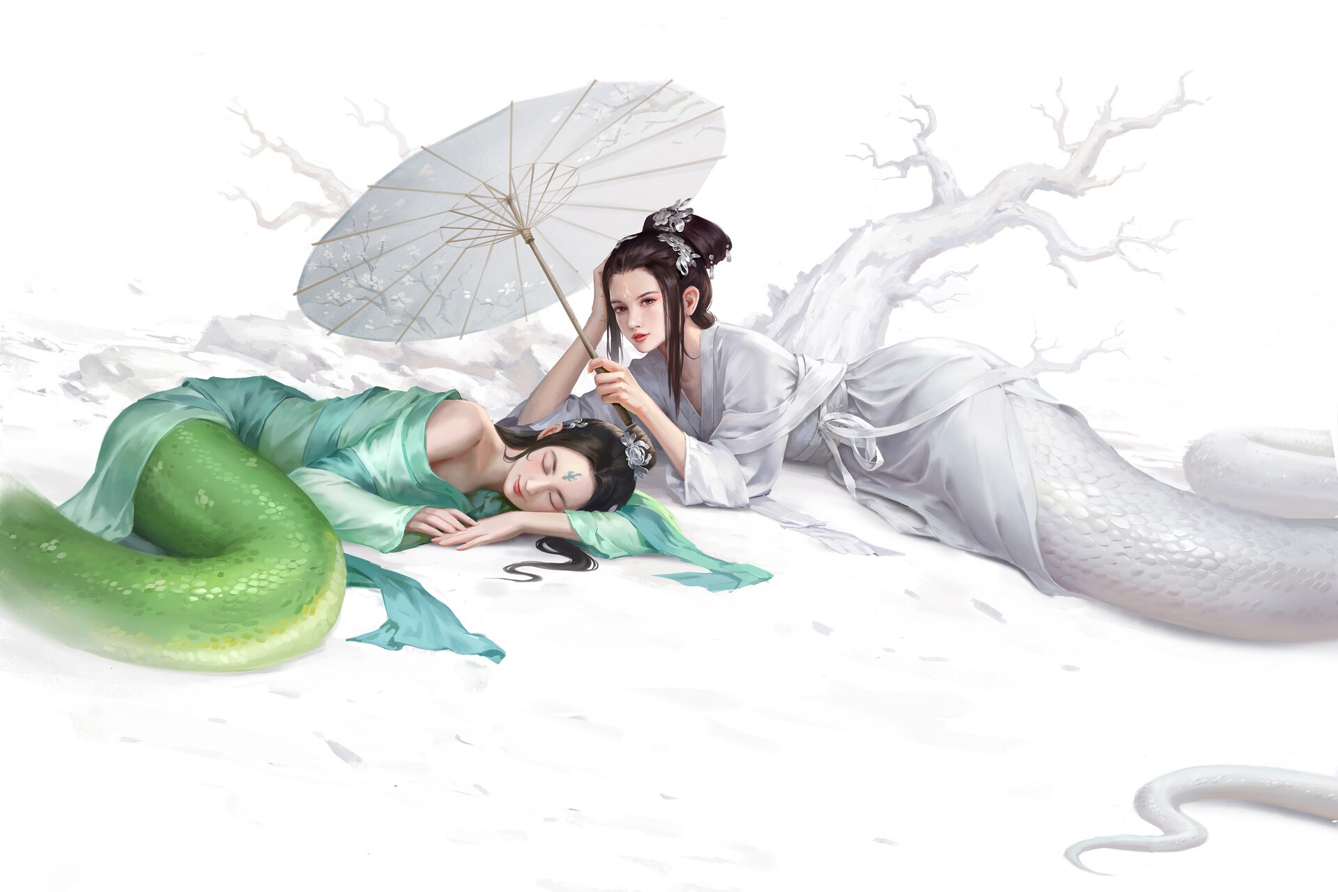 General 1920x1280 Asian fantasy art creature umbrella fantasy girl Lamia Lady white snake Madame White Snake Legend of the White Snake