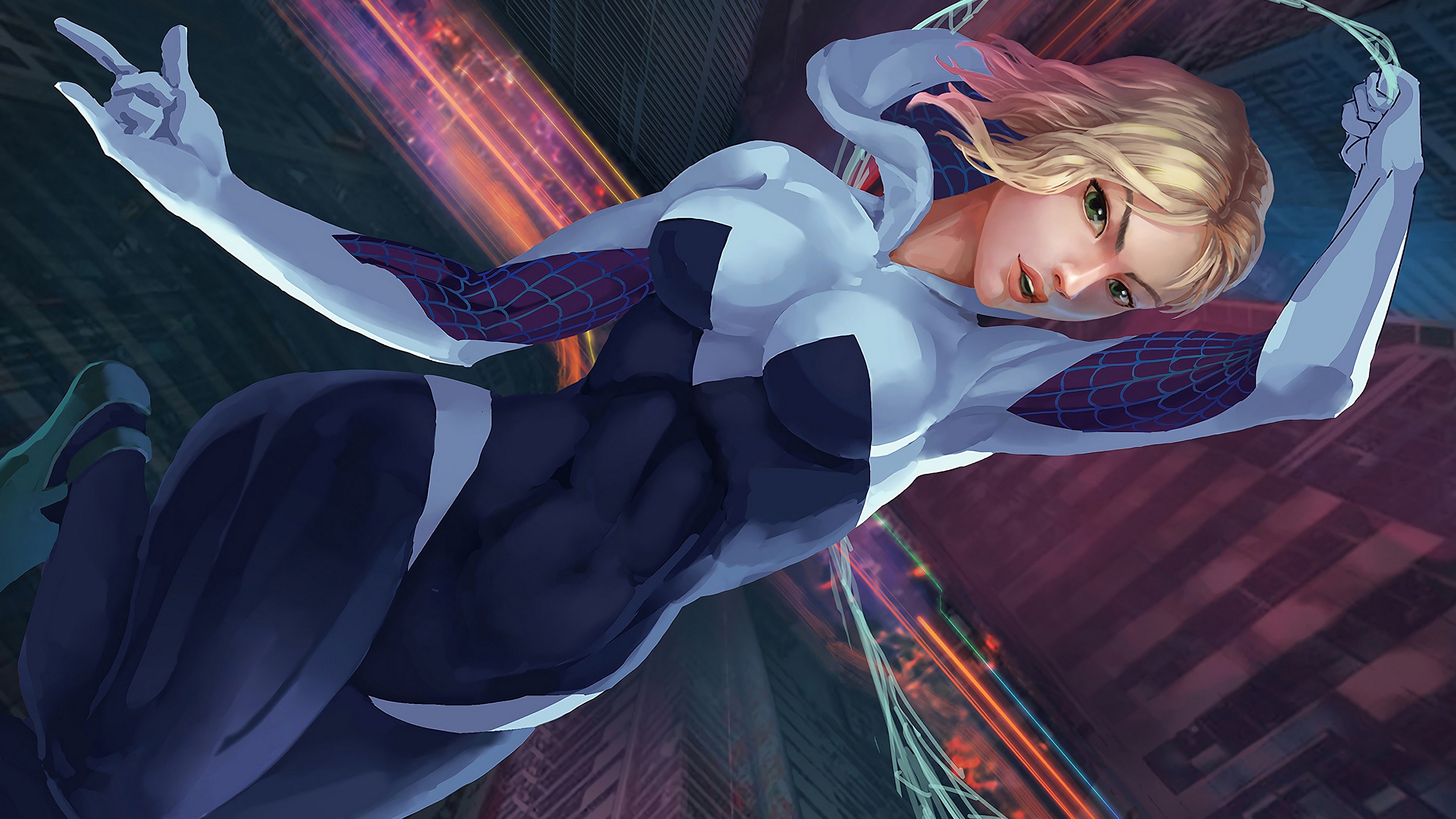 General 2560x1440 Gwen Stacy Spider Gwen Spider-Woman women blonde green eyes tight clothing comic art digital art parted lips looking at viewer hoods bodysuit