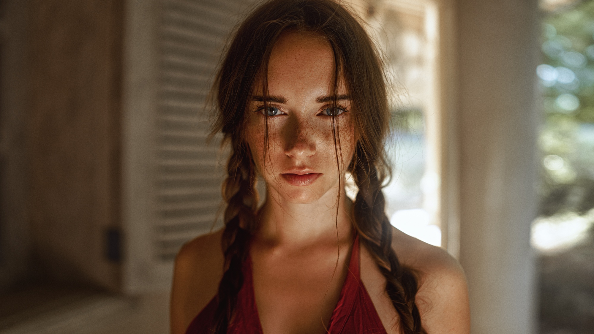 People 2000x1125 women model women indoors twintails face portrait Georgy Chernyadyev Anastasia Nelen braids long hair brunette freckles thick eyebrows long eyelashes blue eyes bare shoulders closeup depth of field low neckline looking at viewer red clothing curvy